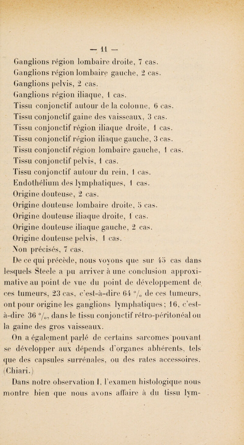 Ganglions région lombaire droite, 7 cas. Ganglions région lombaire gauche, 2 cas. Ganglions pelvis, 2 cas. Ganglions région iliaque, 1 cas. Tissu conjonctif autour de la colonne, 6 cas. Tissu conjonctif gaine des vaisseaux, 3 cas. Tissu conjonctif région iliaque droite, 1 cas. Tissu conjonctif région iliaque gauche, 3 cas. Tissu conjonctif région lombaire gauche, I cas. Tissu conjonctif pelvis, 1 cas. Tissu conjonctif autour du rein, I cas. Endothélium des lymphatiques, 1 cas. Origine douteuse, 2 cas. Origine douteuse lombaire droite, 5 cas. Origine douteuse iliaque droite, 1 cas. Origine douteuse iliaque gauche, 2 cas. Origine douteuse pelvis, I cas. Non précisés, 7 cas. De ce qui précède, nous voyons que sur 45 cas dans lesquels Steele a pu arriver à une conclusion approxi¬ mative au point de vue du point de développement de ces tumeurs, 23 cas, c’est-à-dire 64 °/0 de ces tumeurs, ont pour origine les ganglions lymphatiques; 16, c’est- à-dire 36 %, dans le tissu conjonctif rétro-péritonéal ou la gaine des gros vaisseaux. On a également parlé de certains sarcomes pouvant se développer aux dépends d’organes abhérents, tels que des capsules surrénales, ou des rates accessoires. (Chiari.) Dans notre observation 1. h examen histologique nous montre bien que nous avons affaire à du tissu lym-