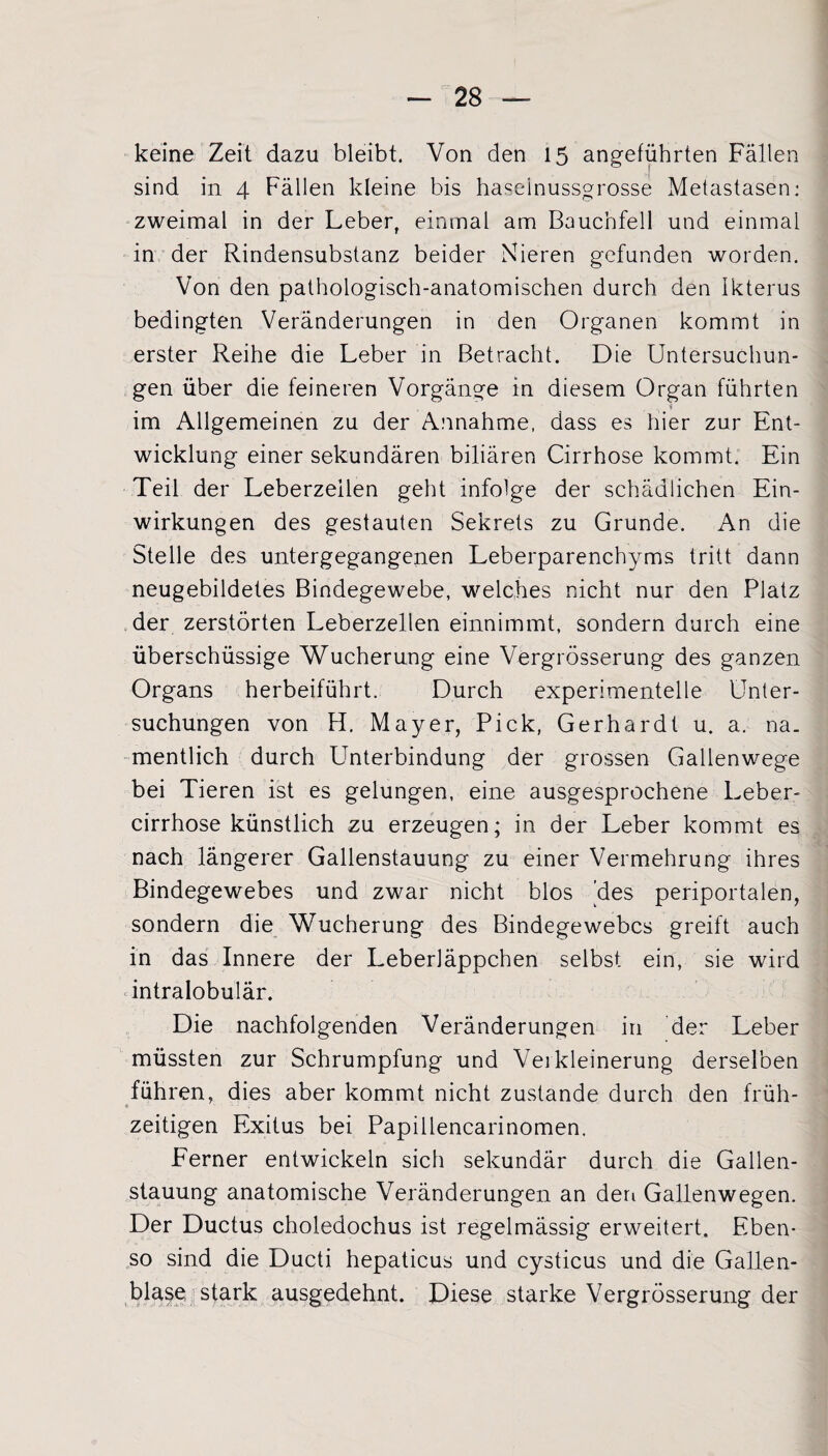 keine Zeit dazu bleibt. Von den 15 angeführten Fällen sind in 4 Fällen kleine bis haselnussgrosse Metastasen: zweimal in der Leber, einmal am Bauchfell und einmal in der Rindensubstanz beider Nieren gefunden worden. Von den pathologisch-anatomischen durch den Ikterus bedingten Veränderungen in den Organen kommt in erster Reihe die Leber in Betracht. Die Untersuchun¬ gen über die feineren Vorgänge in diesem Organ führten . « im Allgemeinen zu der Annahme, dass es hier zur Ent¬ wicklung einer sekundären biliären Cirrhose kommt. Ein Teil der Leberzeilen geht infolge der schädlichen Ein¬ wirkungen des gestauten Sekrets zu Grunde. An die Stelle des untergegangenen Leberparenchyms tritt dann neugebildetes Bindegewebe, welches nicht nur den Platz der zerstörten Leberzellen einnimmt, sondern durch eine überschüssige Wucherung eine Vergrösserung des ganzen Organs herbeiführt. Durch experimentelle Unter¬ suchungen von H. Mayer, Pick, Gerhardt u. a. na. mentlich durch Unterbindung der grossen Gallenwege bei Tieren ist es gelungen, eine ausgesprochene Leber- cirrhose künstlich zu erzeugen; in der Leber kommt es nach längerer Gallenstauung zu einer Vermehrung ihres Bindegewebes und zwar nicht blos 'des periportalen, sondern die Wucherung des Bindegewebes greift auch in das Innere der Leberläppchen selbst ein, sie wird intralobulär. Die nachfolgenden Veränderungen in der Leber müssten zur Schrumpfung und Verkleinerung derselben führen, dies aber kommt nicht zustande durch den früh¬ zeitigen Exitus bei Papillencarinomen. Ferner entwickeln sich sekundär durch die Gallen¬ slauung anatomische Veränderungen an den Gallenwegen. Der Ductus choledochus ist regelmässig erweitert. Eben¬ so sind die Ducti hepaticus und cysticus und die Gallen¬ blase stark ausgedehnt. Diese starke Vergrösserung der