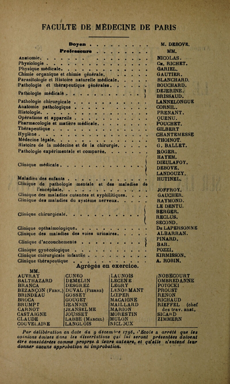 Doyen . Profeeeenre .. Anatomie. ... ... .. Physiologie... physique médicale. Chimie organique et chimie générale. . • . . . Parasitologie et Histoire naturelle médicale. Pathologie et thérapeutique générales. . . . . . Pathologie médicalé ....| Pathologie chirurgicale.. Anatomie pathologique ..... . Histologie. Opérations et appareils.. Pharmacologie et matière médicale. ;. Thérapeutique.. Hygiène. Médecine légale. Histoire de la médecine et de la chirurgie. Pathologie expérimentale et comparée. ! Clinique médicale.,| Maladies des enfants. Clinique de pathologie mentale et des maladies de l'encéphale... . . . . Clinique des maladies cutanées et syphilitiques. . . . Clinique des maladies du système nerreux. M. DEBOVB. MM. NICOLAS. Cm. RICHET. QARIËL. GAUTIER. BLANCHARD. BOUCHARD. DEJERINE. BRISSAUD. LANNELONGUE CORNIL. PRENANT. QUENU. POUCHET. GILBERT CHANTEMESSB THOINOT. G. BALLET. ROGER. HAYEM. DIEULAFOY. DEBOVE. LANDOUZY. HUTINEL. JOFFROY. GAUCHER. RAYMOND. Clinique chirurgicale, Clinique opthalmologique. .. Clinique des maladies des roies urinaires. Clinique d'accouchements.. j LE DENT U. BERGER. RECLUS. SECOND. DeLAPERSONNE ALBARRAN. PINARD. BAR. Clinique gynécologique. POZZI. Clinique chirurgicale infantile. KIRMISSON. Clinique thérapeutique. A. ROBIN. Agrégés en exercice. AUVRAY CUNEO LAÜNOIS NOBECOURT BALTHAZARD DEMELIN LECENE OMBREDANNE BRANCA DESGREZ LEGRY POTOCKI BEZANÇON (Fern.) DüVAL (Pierre) lenobmant PROUST BRINDEAU GOSSET LŒPER RENON BROCA GOUGET MAGAIGNE RICHAUD BRUMPT JEANNIN MAILLARD RIEFFEL (chef CARNOT [JEANSELME MARION des trav. anat. CASTAIGNE JOUSSET MORESTIN SICAHD CLAUDE LABBE (Marcel) MULON ZIMMERN COUVELAIRE LANGLOIS N IGLOUX Par délibération en date du g décembre lygS, Ecole a arrêté que les opinions émises dans les dissertations qui lui seront présentées doivent être considérées comme propres- à leurs^ autearSf et qvielle n^entend leur donner aucune approbation ni improbation.