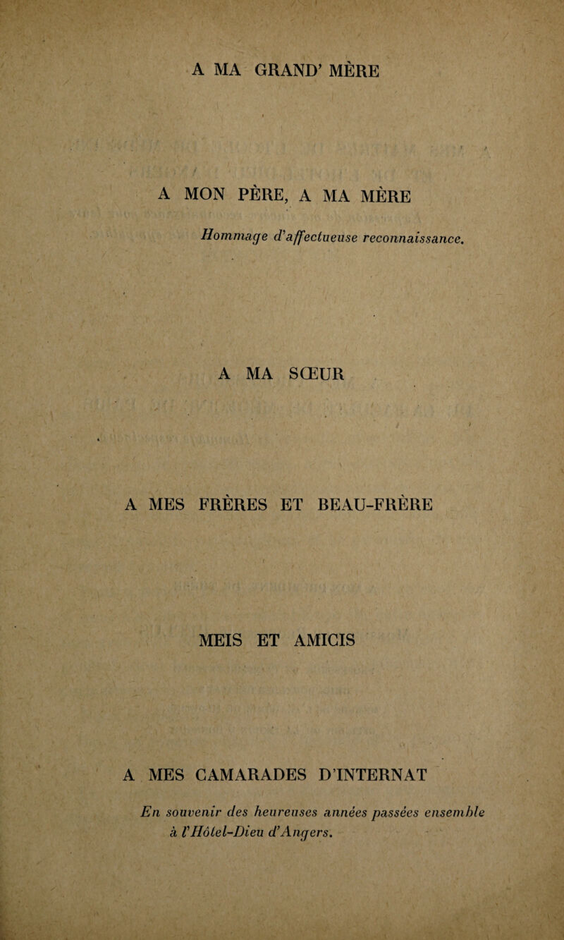 A MA GRAND’ MÈRE A MON PÈRE, A MA MÈRE Hommage affectueuse reconnaissance. A MA SŒUR A MES FRÈRES ET BEAU-FRÈRE MEIS ET AMIGIS A MES CAMARADES DTNTERNAT En souvenir des heureuses années passées ensemble à VHôtel-Dieu d’Angers,