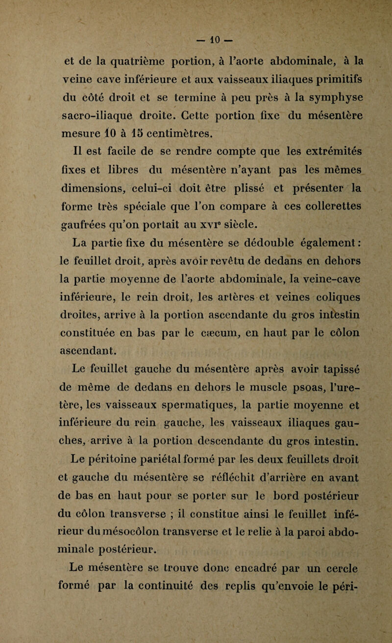 et de la quatrième portion, à Taorte abdominale, à la veine cave inférieure et aux vaisseaux iliaques primitifs du côté droit et se termine à peu près à la symphyse sacro-iliaque droite. Cette portion fixe du mésentère mesure lO à 15 centimètres. Il est facile de se rendre compte que les extrémités fixes et libres du mésentère n’ayant pas les mêmes dimensions, celui-ci doit être plissé et présenter la forme très spéciale que l’on compare à ces collerettes gaufrées qu’on portait au xvi® siècle. La partie fixe du mésentère se dédouble également : le feuillet droit, après avoir revêtu de dedans en dehors la partie moyenne de l’aorte abdominale, la veine-cave inférieure, le rein droit, les artères et veines coliques droites, arrive à la portion ascendante du gros intestin constituée en bas par le cæcum, en haut par le côlon ascendant. Le feuillet gauche du mésentère après avoir tapissé de même de dedans en dehors le muscle psoas, l’ure¬ tère, les vaisseaux spermatiques, la partie moyenne et inférieure du rein gauche, les vaisseaux iliaques gau¬ ches, arrive à la portion descendante du gros intestin. Le péritoine pariétal formé par les deux feuillets droit et gauche du mésentère se réfléchit d’arrière en avant de bas en haut pour se porter sur le bord postérieur du côlon transverse ; il constitue ainsi le feuillet infé¬ rieur du mésocôlon transverse et le relie à la paroi abdo¬ minale postérieur. Le mésentère se trouve donc encadré par un cercle formé par la continuité des replis qu’envoie le péri-
