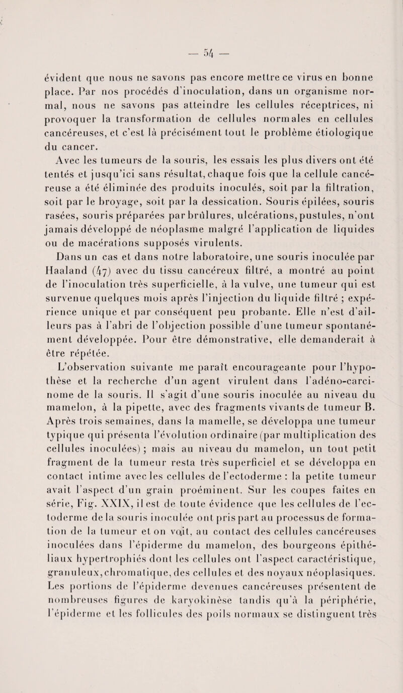 évident que nous ne savons pas encore mettre ce virus en bonne place. Par nos procédés d’inoculation, dans un organisme nor¬ mal, nous ne savons pas atteindre les cellules réceptrices, ni provoquer la transformation de cellules normales en cellules cancéreuses, et c’est là précisément tout le problème étiologique du cancer. Avec les tumeurs de la souris, les essais les plus divers ont été tentés et jusqu’ici sans résultat, chaque fois que la cellule cancé¬ reuse a été éliminée des produits inoculés, soit par la filtration, soit par le broyage, soit par la dessication. Souris épilées, souris rasées, souris préparées par brûlures, ulcérations, pustules, n'ont jamais développé de néoplasme malgré l’application de liquides ou de macérations supposés virulents. Dans un cas et dans notre laboratoire, une souris inoculée par Haaland (47) avec du tissu cancéreux fdtré, a montré au point de l’inoculation très superficielle, à la vulve, une tumeur qui est survenue quelques mois après l’injection du liquide filtré ; expé¬ rience unique et par conséquent peu probante. Elle n’est d’ail¬ leurs pas à l’abri de l’objection possible d’une tumeur spontané¬ ment développée. Pour être démonstrative, elle demanderait à être répétée. L’observation suivante me paraît encourageante pour l'hypo¬ thèse et la recherche d’un agent virulent dans l'adéno-carci- nome de la souris. Il s’agit d’une souris inoculée au niveau du mamelon, à la pipette, avec des fragments vivants de tumeur B. Après trois semaines, dans la mamelle, se développa une tumeur typique qui présenta l’évolution ordinaire (par m ultiplication des cellules inoculées); mais au niveau du mamelon, un tout petit fragment de la tumeur resta très superficiel et se développa en contact intime avec les cellules de l’ectoderme : la petite tumeur avait l’aspect d’un grain proéminent. Sur les coupes faites en série, Fig. XXIX, il est de toute évidence que les cellules de l’ec¬ toderme de la souris inoculée ont pris part au processus de forma¬ tion de la tumeur et on vo.it, au contact des cellules cancéreuses inoculées dans l’épiderme du mamelon, des bourgeons épithé¬ liaux hypertrophiés dont les cellules ont l’aspect caractéristique, granuleux, chromatique, des cellules et des noyaux néoplasiques. Les portions de l’épiderme devenues cancéreuses présentent de nombreuses figures de karyokinèse tandis qu’à la périphérie, l’épiderme et les follicules des poils normaux se distinguent très