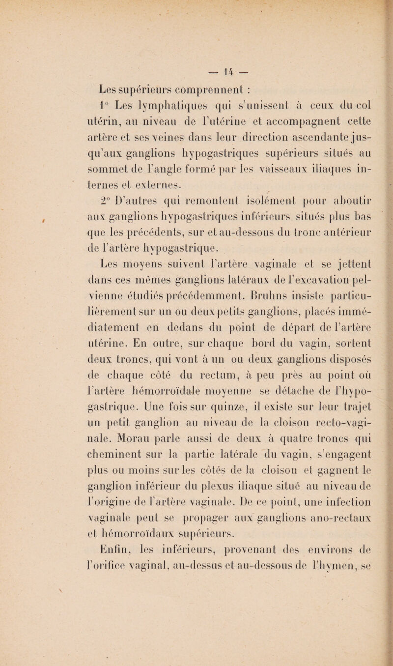 Les supérieurs comprennent : 1° Les lymphatiques qui s’unissent à ceux du col utérin, au niveau de l’utérine et accompagnent cette artère et ses veines dans leur direction ascendante jus¬ qu’aux ganglions hypogastriques supérieurs situés au sommet de l’angle formé par les vaisseaux iliaques in¬ ternes et externes. 2° D’autres qui remontent isolément pour aboutir aux ganglions hypogastriques inférieurs situés plus bas que les précédents, sur et au-dessous du tronc antérieur de F artère hypogastrique. Les moyens suivent l’artère vaginale et se jettent dans ces mêmes ganglions latéraux de l’excavation pel¬ vienne étudiés précédemment. Bruhns insiste particu¬ lièrement sur un ou deux petits ganglions, placés immé¬ diatement en dedans du point de départ de l’artère utérine. En outre, sur chaque bord du vagin, sortent deux troncs, qui vont à un ou deux ganglions disposés de chaque côté du rectum, à peu près au point où l’artère hémorroïdale moyenne se détache de l’hvpo- gastrique. Une fois sur quinze, il existe sur leur trajet un petit ganglion au niveau de la cloison recto-vagi¬ nale. Morau parle aussi de deux à quatre troncs qui cheminent sur la partie latérale du vagin, s’engagent plus ou moins sur les côtés de la cloison et gagnent le ganglion inférieur du plexus iliaque situé au niveau de l’origine de l’artère vaginale. De ce point, une infection vaginale peut se propager aux ganglions ano-reetaux et hémorroïdaux supérieurs. Enfin, les inférieurs, provenant des environs de l’orifice vaginal, au-dessus et au-dessous de l’hymen, se