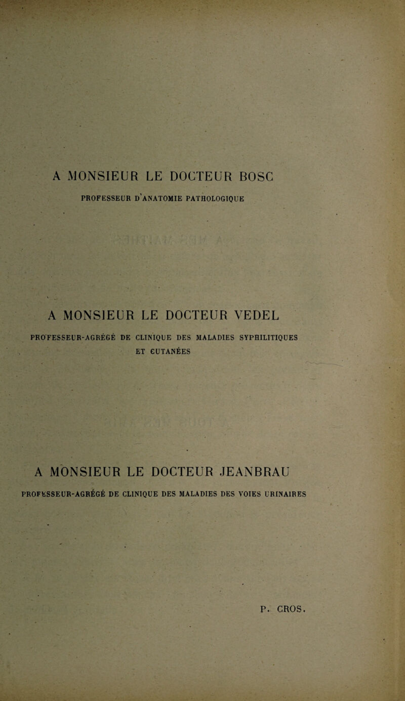 A MONSIEUR LE DOCTEUR BOSC PROFESSEUR D’ANATOMIE PATHOLOGIQUE A MONSIEUR LE DOCTEUR VEDEL PROFESSEUR-AGRÉGÉ DE CLINIQUE DES MALADIES SYPHILITIQUES ET CUTANÉES A MONSIEUR LE DOCTEUR JEANBRAU PROFESSEUR-AGRÉGÉ DE CLINIQUE DES MALADIES DES VOIES URINAIRES