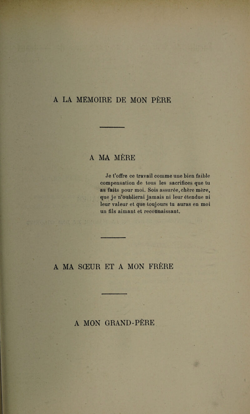 A LA MEMOIRE DE MON PÈRE A MA MÈRE Je t’offre ce travail comme une bien faible compensation de tous les sacrifices que tu as faits pour moi. Sois assurée, chère mère, que je n’oublierai jamais ni leur étendue ni leur valeur et que toujours tu auras en moi un fils aimant et reconnaissant. A MA SŒUR ET A MON FRÈRE A MON GRAND-PÈRE