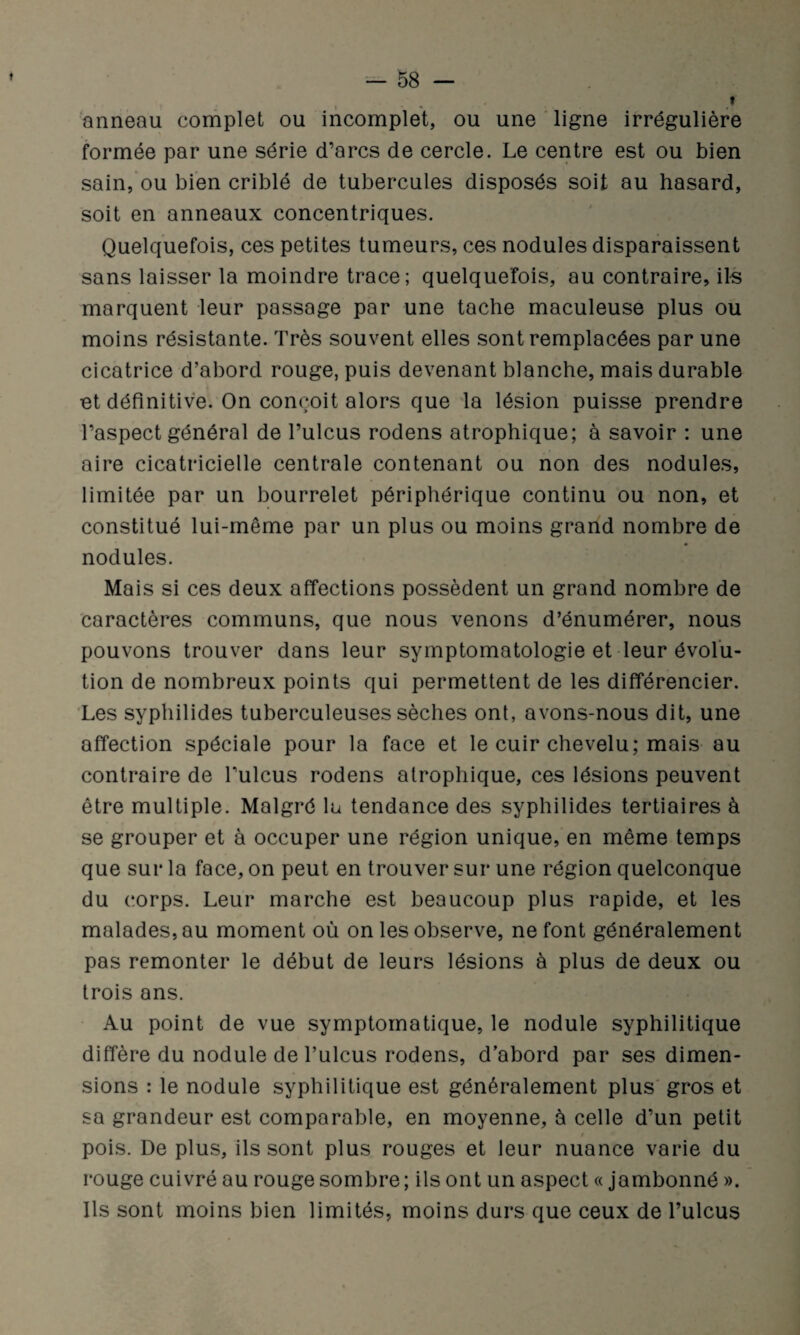 t anneau complet ou incomplet, ou une ligne irrégulière formée par une série d’arcs de cercle. Le centre est ou bien sain, ou bien criblé de tubercules disposés soit au hasard, soit en anneaux concentriques. Quelquefois, ces petites tumeurs, ces nodules disparaissent sans laisser la moindre trace; quelquefois, au contraire, ils marquent leur passage par une tache maculeuse plus ou moins résistante. Très souvent elles sont remplacées par une cicatrice d’abord rouge, puis devenant blanche, mais durable ot définitive. On conçoit alors que la lésion puisse prendre l’aspect général de l’ulcus rodens atrophique; à savoir : une aire cicatricielle centrale contenant ou non des nodules, limitée par un bourrelet périphérique continu ou non, et constitué lui-même par un plus ou moins grand nombre de nodules. Mais si ces deux affections possèdent un grand nombre de caractères communs, que nous venons d’énumérer, nous pouvons trouver dans leur symptomatologie et leur évolu¬ tion de nombreux points qui permettent de les différencier. Les syphilides tuberculeuses sèches ont, avons-nous dit, une affection spéciale pour la face et le cuir chevelu; mais au contraire de Tulcus rodens atrophique, ces lésions peuvent être multiple. Malgré lu tendance des syphilides tertiaires à se grouper et à occuper une région unique, en même temps que sur la face, on peut en trouver sur une région quelconque du corps. Leur marche est beaucoup plus rapide, et les malades, au moment où on les observe, ne font généralement pas remonter le début de leurs lésions à plus de deux ou trois ans. Au point de vue symptomatique, le nodule syphilitique diffère du nodule de l’ulcus rodens, d’abord par ses dimen¬ sions : le nodule syphilitique est généralement plus gros et sa grandeur est comparable, en moyenne, à celle d’un petit / pois. De plus, ils sont plus rouges et leur nuance varie du rouge cuivré au rouge sombre; ils ont un aspect « jambonné ». Ils sont moins bien limités, moins durs que ceux de l’ulcus