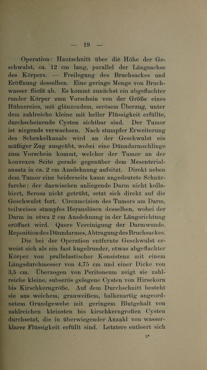 Operation: Hautschnitt über diö Höhe der Ge¬ schwulst, ca. 12 cm lang, parallel der Längsachse des Körpers. — Freilegung des Bruchsackes und Eröffnung desselben. Eine geringe Menge von Bruch¬ wasser fließt ab. Es kommt zunächst ein abgeflachter runder Körper zum Vorschein von der Größe eines Hühnereies, mit glänzendem, serösem Überzug, unter dem zahlreiche kleine mit heller Flüssigkeit erfüllte, durchscheinende Cysten sichtbar sind. Der Tumor ist nirgends verwachsen. Nach stumpfer Erweiterung des Schenkelkanals wird an der Geschwulst ein mäßiger Zug ausgeübt, wobei eine Dünndarmschlinge zum Vorschein kommt, welcher der Tumor an der konvexen Seite gerade gegenüber dem Mesenterial¬ ansatz in ca. 2 cm Ausdehnung aufsitzt. Direkt neben dem Tumor eine beiderseits kaum angedeutete Schnür- furche; der dazwischen anliegende Darm nicht kolla¬ biert, Serosa nicht getrübt, setzt sieb direkt auf die Geschwulst fort. Circumcision des Tumors am Darm, teilweises stumpfes Herauslösen desselben, wobei der Darm in etwa 2 cm Ausdehnung in der Längsrichtung eröffnet wird. Quere Vereinigung der Darm wunde. Reposition des Dünndarmes, Abtragung des Bruchsackes. Die bei der Operation entfernte Geschwulst er¬ weist sich als ein fast kugelrunder, etwas abgeflachter Körper von prallelastischer Konsistenz mit einem Längsdurchmesser von 4,75 cm und einer Dicke von 3,5 cm. Überzogen von Peritoneum zeigt sie zahl¬ reiche kleine, subserös gelegene Cysten von Hirsekorn bis Kirschkerngröße. x\uf dem Durchschnitt besteht sie aus weichem, grauweißem, balkenartig angeord¬ netem Grundgewebe mit geringem Blutgehalt von zahlreichen kleinsten bis kirschkerngroßen Cysten durchsetzt, die in überwiegender Anzahl von wasser¬ klarer Flüssigkeit erfüllt sind. Letztere entleert sich 0*