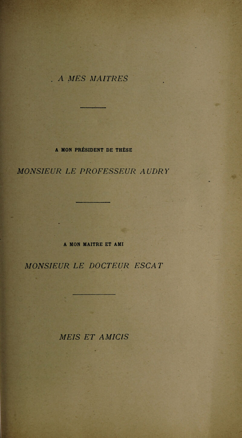 . A MES MAITRES A MON PRÉSIDENT DE THÈSE MONSIEUR LE PROFESSEUR A U DRY A MON MAITRE ET AMI MONSIEUR LE DOCTEUR ESC AT MEIS ET A MICIS