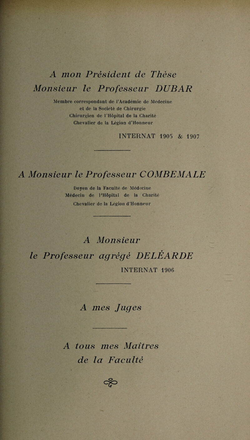 A mon Président de Thèse Monsieur le Professeur DUBAR Membre correspondant de l’Académie de Médecine et de la Société de Chirurgie Chirurgien de l’Hôpital de la Charité Chevalier de la Légion d’Honneur INTERNAT 1905 & 1907 A Monsieur le Professeur COMBEMALE Doyen de la Faculté de Médecine Médecin de lJHôpital de la Charité Chevalier de la Légion d'Honneur A Monsieur le Professeur agrégé DELÈARDE INTERNAT 1906 A mes Juges A tous mes Maîtres de la Faculté