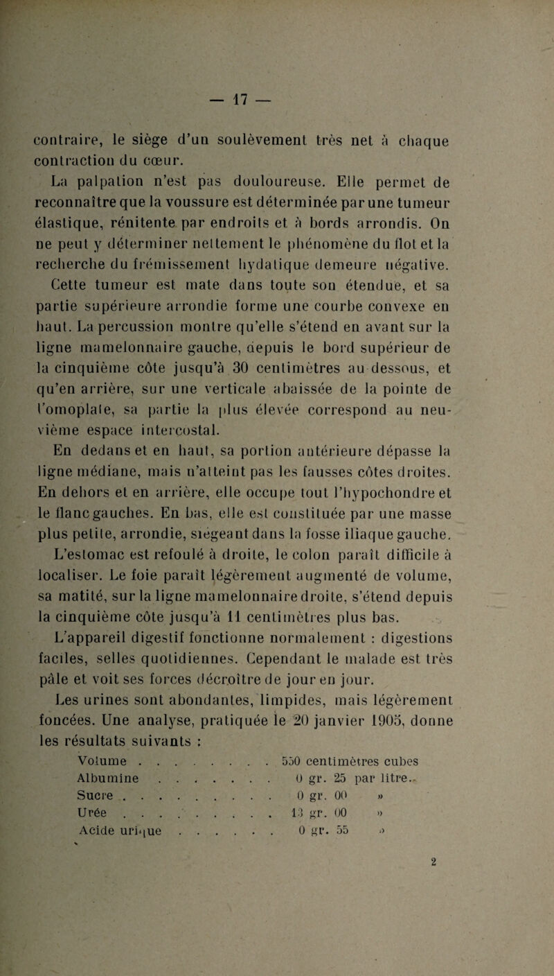 contraire, le siège d’un soulèvement très net à chaque contraction du cœur. La palpation n’est pas douloureuse. Eile permet de reconnaître que la voussure est déterminée par une tumeur élastique, rénitente par endroits et à bords arrondis. On ne peut y déterminer nettement le phénomène du Ilot et la recherche du frémissement hydatique demeure négative. Cette tumeur est mate dans toute son étendue, et sa partie supérieure arrondie forme une courbe convexe en haut. La percussion montre qu’elle s’étend en avant sur la ligne mamelonnaire gauche, depuis le bord supérieur de la cinquième côte jusqu’à 30 centimètres au dessous, et qu’en arrière, sur une verticale abaissée de la pointe de l’omoplale, sa partie la plus élevée correspond au neu¬ vième espace intercostal. En dedans et en haut, sa portion antérieure dépasse la ligne médiane, mais n’atteint pas les fausses côtes droites. En dehors et en arrière, elle occupe tout l’hypochondre et le flanc gauches. En bas, elle est constituée par une masse plus petite, arrondie, siégeant dans la fosse iliaque gauche. L’estomac est refoulé à droite, le colon paraît difficile à localiser. Le foie paraît légèrement augmenté de volume, sa matité, sur la ligne mamelonnaire droite, s’étend depuis la cinquième côte jusqu’à 11 centimètres plus bas. L'appareil digestif fonctionne normalement : digestions faciles, selles quotidiennes. Cependant le malade est très pâle et voit ses forces décroître de jour en jour. Les urines sont abondantes, limpides, mais légèrement foncées. Une analyse, pratiquée le 20 janvier 1905, donne les résultats suivants : Volume.550 centimètres cubes Albumine. 0 gr. 25 par litre.. Sucre .. 0 gr. 00 » Urée ..13 gr. 00 » Acide urique. 0 gr. 55 ;> 2