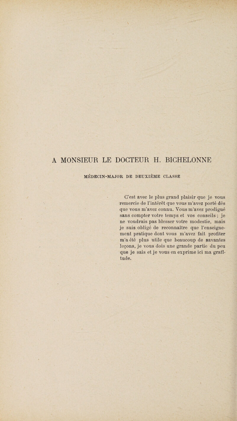 A MONSIEUR LE DOCTEUR H. RICHELONNE MÉDECIN-MAJOR DE DEUXIÈME CLASSE C’est avec le plus grand plaisir que je vous remercie de l’intérêt que vous m’avez porté dès que vous m’avez connu. Vous m’avez prodigué sans compter votre temps et vos conseils ; je ne voudrais pas blesser votre modestie, mais je suis obligé de reconnaître que l’enseigne¬ ment pratique dont vous m’avez fait profiter m'a été plus utile que beaucoup de savantes leçons, je vous dois une grande partie du peu que je sais et je vous en exprime ici ma grati¬ tude.