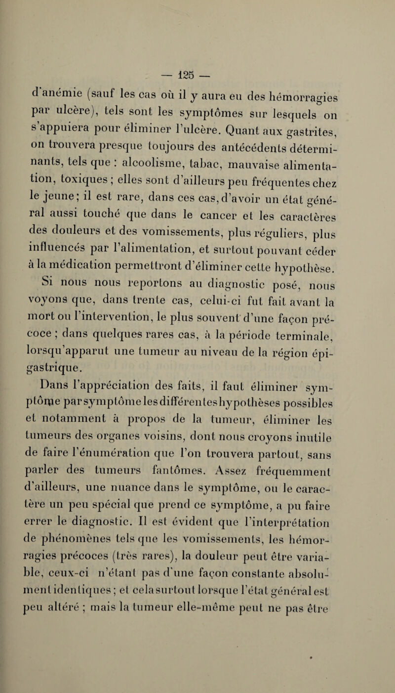 d anémie (sauf les cas où il y aura eu des hémorragies par ulcère), tels sont les symptômes sur lesquels on s’appuiera pour éliminer l’ulcère. Quant aux gastrites, on trouvera presque toujours des antécédents détermi¬ nants, tels que : alcoolisme, tabac, mauvaise alimenta¬ tion, toxiques ; elles sont d ailleurs peu fréquentes chez le jeune; il est rare, dans ces cas,d’avoir un état géné¬ ral aussi touché que dans le cancer et les caractères des douleurs et des vomissements, plus réguliers, plus influencés par l’alimentation, et surtout pouvant céder à la médication permettront d’éliminer cette hypothèse. Si nous nous reportons au diagnostic posé, nous voyons que, dans trente cas, celui-ci fut fait avant la mort ou l’intervention, le plus souvent d’une façon pré¬ coce ; dans quelques rares cas, à la période terminale, lorsqu’apparut une tumeur au niveau de la région épi¬ gastrique. Dans l’appréciation des faits, il faut éliminer sym¬ ptôme par symptôme les différentes hypothèses possibles et notamment à propos de la tumeur, éliminer les tumeurs des organes voisins, dont nous croyons inutile de faire l’énumération que l’on trouvera partout, sans parler des tumeurs fantômes. Assez fréquemment d’ailleurs, une nuance dans le symptôme, ou le carac¬ tère un peu spécial que prend ce symptôme, a pu faire errer le diagnostic. Il est évident que l’interprétation de phénomènes tels que les vomissements, les hémor¬ ragies précoces (très rares), la douleur peut être varia¬ ble, ceux-ci n’étant pas d'une façon constante absolu¬ ment identiques ; el celasurtout lorsque l’état général est peu altéré ; mais la tumeur elle-même peut ne pas être