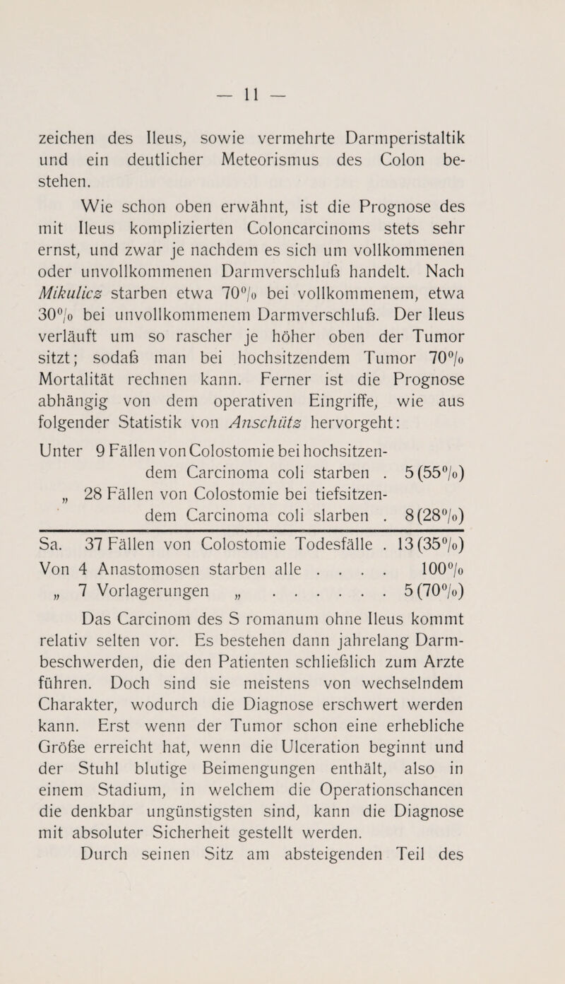 Zeichen des Ileus, sowie vermehrte Darmperistaltik und ein deutlicher Meteorismus des Colon be¬ stehen. Wie schon oben erwähnt, ist die Prognose des mit Ileus komplizierten Coloncarcinoms stets sehr ernst, und zwar je nachdem es sich um vollkommenen oder unvollkommenen Darmverschlub handelt. Nach Mikulicz starben etwa 70°/o bei vollkommenem, etwa 30°/o bei unvollkommenem Darmverschlub. Der Ileus verläuft um so rascher je höher oben der Tumor sitzt; sodab man bei hochsitzendem Tumor 70°/o Mortalität rechnen kann. Ferner ist die Prognose abhängig von dem operativen Eingriffe, wie aus folgender Statistik von Anschütz hervorgeht: Unter 9 Fällen von Colostomie bei hochsitzen¬ dem Carcinoma coli starben . 5(55°/o) „ 28 Fällen von Colostomie bei tiefsitzen¬ dem Carcinoma coli slarben . 8(28°/o) Sa. 37 Fällen von Colostomie Todesfälle . 13(35°/o) Von 4 Anastomosen starben alle .... 100°/o „ 7 Vorlagerungen „ .5(70°/o) Das Carcinom des S romanum ohne Ileus kommt relativ selten vor. Es bestehen dann jahrelang Darm¬ beschwerden, die den Patienten schlieblich zum Arzte führen. Doch sind sie meistens von wechselndem Charakter, wodurch die Diagnose erschwert werden kann. Erst wenn der Tumor schon eine erhebliche Grobe erreicht hat, wenn die Ulceration beginnt und der Stuhl blutige Beimengungen enthält, also in einem Stadium, in welchem die Operationschancen die denkbar ungünstigsten sind, kann die Diagnose mit absoluter Sicherheit gestellt werden. Durch seinen Sitz am absteigenden Teil des