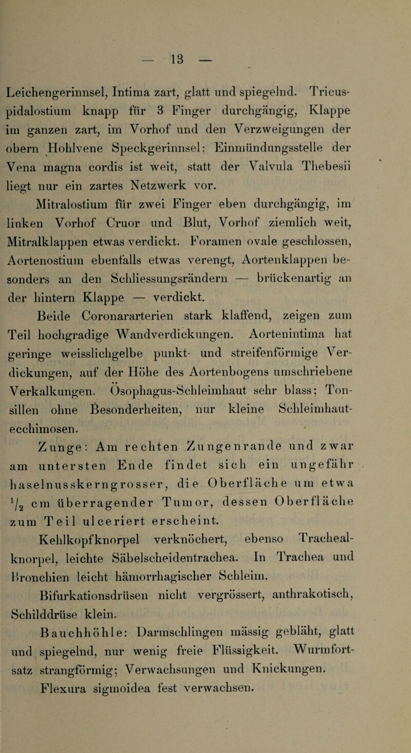 18 Leichengerinnsel, Intima zart, glatt und spiegelnd. Tricus* pidalostium knapp für 3 Finger durchgängig, Klappe im ganzen zart, im Vorhof und den Verzweigungen der obern Hohlvene Speckgerinnsel; Einmündungsstelle der Vena magna cordis ist weit, statt der Valvula Thebesii liegt nur ein zartes Netzwerk vor. Mitralostium für zwei Finger eben durchgängig, im linken Vorhof Cruor und Blut, Vorhof ziemlich weit, Mitralklappen etwas verdickt. Foramen ovale geschlossen, Aortenostium ebenfalls etwas verengt, Aortenklappen be¬ sonders an den Schliessungsrändern — brückenartig an der hintern Klappe — verdickt. Beide Coronararterien stark klaffend, zeigen zum Teil hochgradige Wandverdickungen. Aortenintima hat geringe weisslichgelbe punkt- und streifenförmige Ver¬ dickungen, auf der Höhe des Aortenbogens umschriebene • • _ Verkalkungen. Ösophagus-Schleimhaut sehr blass; Ton¬ sillen ohne Besonderheiten, nur kleine Schleimhaut- ecchimosen. Zunge: Am rechten Zungenrande und zwar am untersten Ende findet sich ein ungefähr haselnusskerngrosser, die Oberfläche um etwa 11^ cm überragender Tumor, dessen Oberfläche zum Teil ulceriert erscheint. Kehlkopfknorpel verknöchert, ebenso Tracheal- knorpel, leichte Säbelscheidentrachea. In Trachea und Bronchien leicht hämorrhagischer Schleim. Bifurkationsdrüsen nicht vergrössert, anthrakotisch, Schilddrüse klein. Bauchhöhle: Darmschlingen mässig gebläht, glatt und spiegelnd, nur wenig freie Flüssigkeit. Wurmfort¬ satz strangförmig; Verwachsungen und Knickungen. Flexura sigmoidea fest verwachsen.