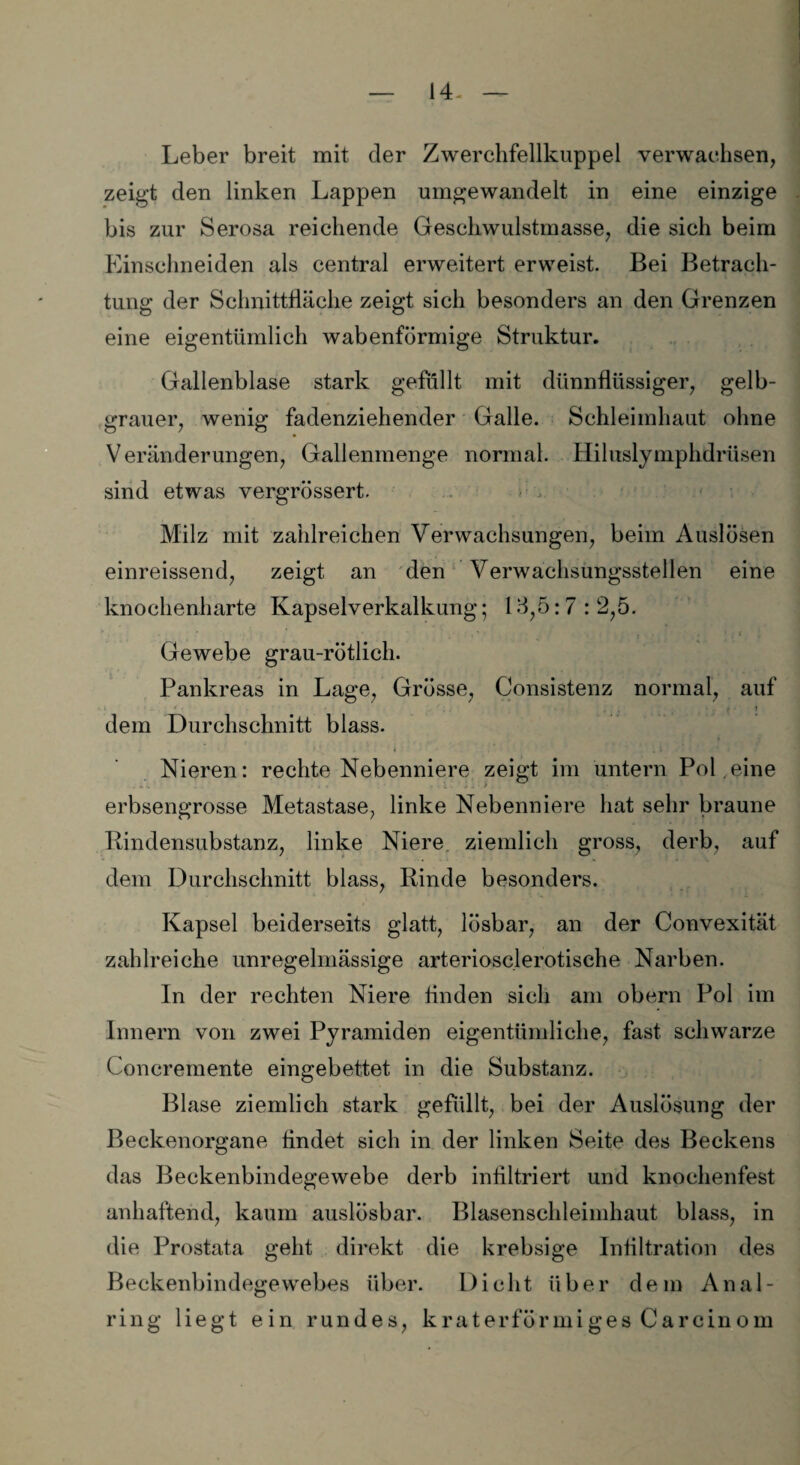 Leber breit mit der Zwerchfellkuppel verwachsen, zeigt den linken Lappen umgewandelt in eine einzige bis zur Serosa reichende Geschwulstmasse, die sich beim Einschneiden als central erweitert erweist. Bei Betrach¬ tung der Schnittfläche zeigt sich besonders an den Grenzen eine eigentümlich wabenförmige Struktur. Gallenblase stark gefüllt mit dünnflüssiger, gelb¬ grauer, wenig fadenziehender Galle. Schleimhaut ohne Veränderungen, Gallenmenge normal. Hiluslymphdrüsen sind etwas vergrössert. ■ • J':- Milz mit zahlreichen Verwachsungen, beim Auslösen einreissend, zeigt an den Verwachsungsstellen eine knochenharte Kapselverkalkung; 18,5: 7 : 2,5. Gewebe grau-rötlich. Pankreas in Lage, Grösse, Consistenz normal, auf t i dem Durchschnitt blass. Nieren: rechte Nebenniere zeigt im untern Pol .eine erbsengrosse Metastase, linke Nebenniere hat sehr braune Rindensubstanz, linke Niere ziemlich gross, derb, auf dem Durchschnitt blass, Rinde besonders. Kapsel beiderseits glatt, lösbar, an der Convexität zahlreiche unregelmässige arteriosclerotische Narben. In der rechten Niere linden sich am obern Pol im Innern von zwei Pyramiden eigentümliche, fast schwarze Concremente eingebettet in die Substanz. Blase ziemlich stark gefüllt, bei der Auslösung der Beckenorgane findet sich in der linken Seite des Beckens das Beckenbindegewebe derb infiltriert und knochenfest anhaftend, kaum auslösbar. Blasenschleimhaut blass, in die Prostata geht direkt die krebsige Infiltration des Beckenbindegewebes über. Dicht über dem Anal- ring liegt ein rundes, kraterförmigesCarcinom