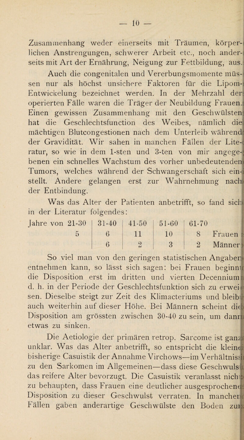 Zusammenhang weder einerseits mit Träumen, körper¬ lichen Anstrengungen, schwerer Arbeit etc., noch ander-! seits mit Art der Ernährung, Neigung zur Fettbildung, aus. Auch die congenitalen und Vererbungsmomente müs¬ sen nur als höchst unsichere Faktoren für die Lipom-: Entwickelung bezeichnet werden. In der Mehrzahl der: operierten Fälle waren die Träger der Neubildung Frauen.: Einen gewissen Zusammenhang mit den Geschwülsten: hat die Geschlechtsfunction des Weibes, nämlich diell mächtigen Blutcongestionen nach dem Unterleib während; der Gravidität. Wir sahen in manchen Fällen der Lite-*! ratur, so wie in dem 1-sten und 3-ten von mir angege4 benen ein schnelles Wachstum des vorher unbedeutendem Tumors, welches während der Schwangerschaft sich ein-ri stellt. Andere gelangen erst zur Wahrnehmung nach) der Entbindung. Was das Alter der Patienten anbetrifft, so fand sich», in der Literatur folgendes: Jahre von 21-30 31-40 41-50 51-60 61-70 5 6 11 10 8 Frauen : 6 2 3 2 Männer) So viel man von den geringen statistischen Angaben: entnehmen kann, so lässt sich sagen: bei Frauen beginnn die Disposition erst im dritten und vierten Decennium n d. h. in der Periode der Geschlechtsfunktion sich zu erwei ». sen. Dieselbe steigt zur Zeit des Klimacteriums und bleib:! auch weiterhin auf dieser Höhe. Bei Männern scheint diel Disposition am grössten zwischen 30-40 zu sein, um dann) etwas zu sinken. Die Aetiologie der primären retrop. Sarcome ist gamli unklar. Was das Alter anbetrifft, so entspricht die kleine! bisherige Casuistik der Annahme Virchows—im Verhältnish zu den Sarkomen im Allgemeinen—dass diese Geschwuls das reifere Alter bevorzugt. Die Casuistik veranlasst nich p zu behaupten, dass Frauen eine deutlicher ausgesprochene: Disposition zu dieser Geschwulst verraten. In manchen! Fällen gaben anderartige Geschwülste den Boden zun