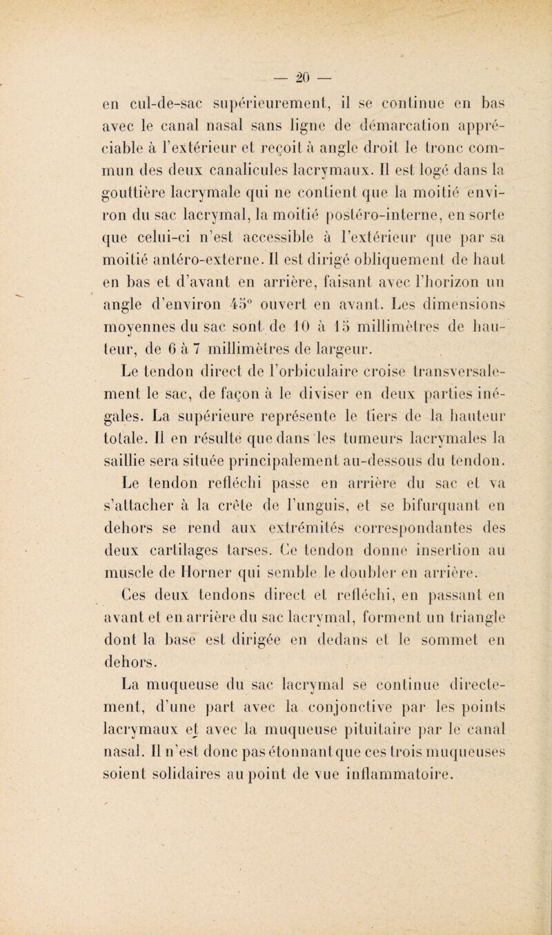 en cul-de-sac supérieurement, il se continue en bas avec le canal nasal sans ligne de démarcation appré¬ ciable à l’extérieur et reçoit à angle droit le tronc com¬ mun des deux canalicules lacrymaux. Il est logé dans la gouttière lacrymale qui ne contient que la moitié envi¬ ron du sac lacrymal, la moitié postéro-interne, en sorte que celui-ci n’est accessible à l’extérieur que par sa moitié antéro-externe. Il est dirigé obliquement de haut en bas et d’avant en arrière, faisant avec l’horizon un angle d’environ 45° ouvert en avant. Les dimensions moyennes du sac sont de 10 à 15 millimètres de hau¬ teur, de 6 à 7 millimètres de largeur. Le tendon direct de l’orbiculaire croise transversale¬ ment le sac, de façon à le diviser en deux parties iné¬ gales. La supérieure représente le tiers de la hauteur totale. Il en résulte que dans les tumeurs lacrymales la saillie sera située principalement au-dessous du tendon. Le tendon réfléchi passe en arrière du sac et va s’attacher à la crête de l’unguis, et se bifurquant en dehors se rend aux extrémités correspondantes des deux cartilages tarses. Ce tendon donne insertion au muscle de Horner qui semble le doubler en arrière. Ces deux tendons direct et réfléchi, en passant en avant et en arrière du sac lacrymal, forment un triangle dont la base est dirigée en dedans et le sommet en dehors. La muqueuse du sac lacrymal se continue directe¬ ment, d’une part avec la conjonctive par les points lacrymaux et avec la muqueuse pituitaire par le canal nasal. Il n’est donc pas étonnantque ces trois muqueuses soient solidaires au point de vue inflammatoire.