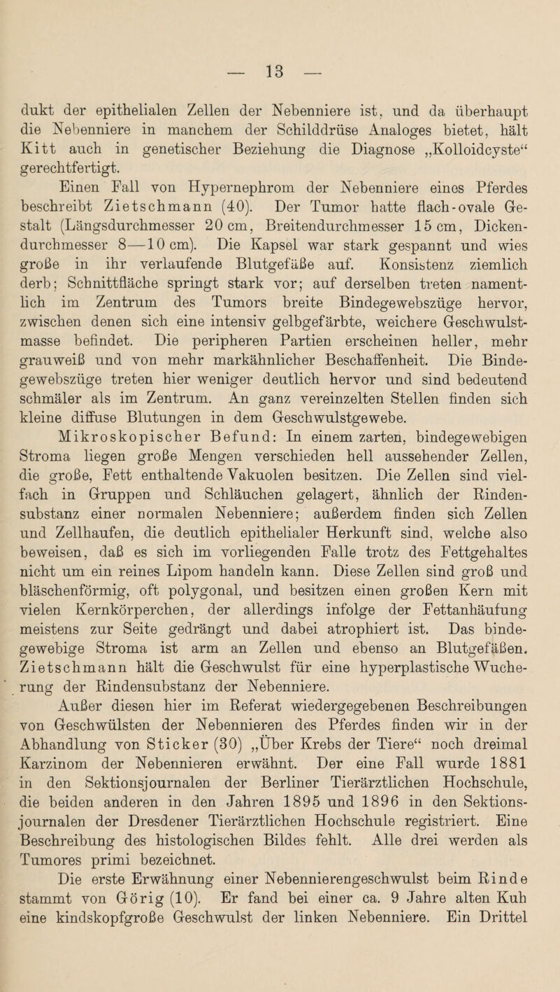 clukt der epithelialen Zellen der Nebenniere ist, und da überhaupt die Nebenniere in manchem der Schilddrüse x\naloges bietet, hält Kitt auch in genetischer Beziehung die Diagnose ,,Kolloidcyste“ gerechtfertigt. Einen Fall von Hypernephrom der Nebenniere eines Pferdes beschreibt Zietschmann (40). Der Tumor hatte flach-ovale Ge¬ stalt (Längsdurchmesser 20 cm, Breitendurchmesser 15cm, Dicken¬ durchmesser 8—10 cm). Die Kapsel war stark gespannt und wies große in ihr verlaufende Blutgefäße auf. Konsistenz ziemlich derb; Schnittfläche springt stark vor; auf derselben treten nament¬ lich im Zentrum des Tumors breite Bindegewebszüge hervor, zwischen denen sich eine intensiv gelbgefärbte, weichere Geschwulst¬ masse befindet. Die peripheren Partien erscheinen heller, mehr grauweiß und von mehr markähnlicher Beschaffenheit. Die Binde¬ gewebszüge treten hier weniger deutlich hervor und sind bedeutend schmäler als im Zentrum. An ganz vereinzelten Stellen finden sich kleine diffuse Blutungen in dem Geschwulstgewebe. Mikroskopischer Befund: In einem zarten, bindegewebigen Stroma liegen große Mengen verschieden hell aussehender Zellen, die große, Fett enthaltende Vakuolen besitzen. Die Zellen sind viel¬ fach in Gruppen und Schläuchen gelagert, ähnlich der Rinden¬ substanz einer normalen Nebenniere; außerdem finden sich Zellen und Zellhaufen, die deutlich epithelialer Herkunft sind, welche also beweisen, daß es sich im vorliegenden Falle trotz des Fettgehaltes nicht um ein reines Lipom handeln kann. Diese Zellen sind groß und bläschenförmig, oft polygonal, und besitzen einen großen Kern mit vielen Kernkörperchen, der allerdings infolge der Fettanhäufung meistens zur Seite gedrängt und dabei atrophiert ist. Das binde¬ gewebige Stroma ist arm an Zellen und ebenso an Blutgefäßen. Zietschmann hält die Geschwulst für eine hyperplastische Wuche¬ rung der Rindensubstanz der Nebenniere. Außer diesen hier im Referat wiedergegebenen Beschreibungen von Geschwülsten der Nebennieren des Pferdes finden wir in der Abhandlung von Sticker (30) „Über Krebs der Tiere“ noch dreimal Karzinom der Nebennieren erwähnt. Der eine Fall wurde 1881 in den Sektionsjournalen der Berliner Tierärztlichen Hochschule, die beiden anderen in den Jahren 1895 und 1896 in den Sektions¬ journalen der Dresdener Tierärztlichen Hochschule registriert. Eine Beschreibung des histologischen Bildes fehlt. Alle drei werden als Tumores primi bezeichnet. Die erste Erwähnung einer Nebennierengeschwulst beim Rinde stammt von Görig (10). Er fand bei einer ca. 9 Jahre alten Kuh eine kindskopfgroße Geschwulst der linken Nebenniere. Ein Drittel