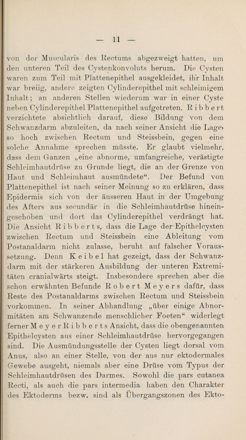 von der Muscularis des Rectums abgezweigt hatten, um oluts herum. Die Cysten waren zum Teil mit Plattenepithel ausgekleidet, ihr Inhalt war breiig, andere zeigten Cylinderepithel mit schleimigem Inhalt; an anderen Stellen wiederum war in einer Cyste neben Cylinderepithel Plattenepithel aufgetreten. R i b b e rt verzichtete absichtlich darauf, diese Bildung von dem Schwanzdarm abzuleiten, da nach seiner Ansicht die Lage? so hoch zwischen Rectum und Steissbein, gegen eine solche Annahme sprechen müsste. Er glaubt vielmehr, dass dem (ranzen „eine abnorme, umfangreiche, verästigte Schleimhautdrüse zu Grunde liegt, die an der Grenze von Haut und Schleimhaut ausmündete“. Der Befund von Plattenepithel ist nach seiner Meinung so zu erklären, dass Epidermis sich von der äusseren Haut in der Umgebung des Afters aus secundär in die Schleimhautdrüse hinein¬ geschoben und dort das Cylinderepithel verdrängt hat. Die Ansicht Ribberts, dass die Lage der-Epithelcysten zwischen Rectum und Steissbein eine Ableitung vom Postanaldarm nicht zulasse, beruht auf falscher Voraus¬ setzung. Denn K e i b e 1 hat gezeigt, dass der Schwanz¬ darm mit der stärkeren Ausbildung der unteren Extremi¬ täten cranialwärts steigt. Insbesondere sprechen aber die schon erwähnten Befunde Robert Meyers dafür, dass Reste des Postanaldarms zwischen Rectum und Steissbein Vorkommen. In seiner Abhandlung „über einige Abnor¬ mitäten am Schwanzende menschlicher Eoeten“ widerlegt ferner Mey erRibb erts Ansicht, dass die obengenannten Epithelcysten aus einer Schleimhautdrüse hervorgegangen sind. Die Ausmündungsstelle der Cysten liegt dorsal vom Anus, also an einer Stelle, von der aus nur ektodermales Gewebe ausgeht, niemals aber eine Drüse vom Typus der Schleimhautdrüsen des Darmes. Sowohl die pars cutanea Recti, als auch die pars intermedia haben den Charakter des Ektoderms bezw. sind als Übergangszonen des Ekto- den unteren Teil des Cystenkonv