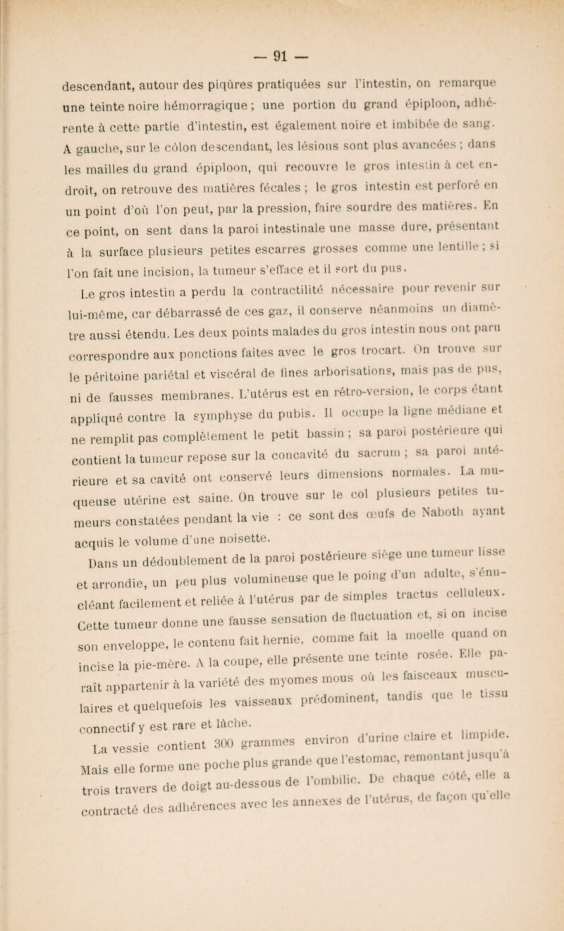 descendant, autour des piqûres pratiquées sur l'intestin, on remarque une teinte noire hémorragique ; une portion du grand épiploon, adhé¬ rente à cette partie d’intestin, est également noire et imbibée de sang. A gauche, sur le côlon descendant, les lésions sont plus avancées ; dans les mailles du grand épiploon, qui recouvre le gros inteslin à cet en¬ droit, on retrouve des matières fécales ; le gros intestin est perforé en un point d'où l’on peut, par la pression, faire sourdre des matières. En ce point, on sent dans la paroi intestinale une masse dure, présentant à la surface plusieurs petites escarres grosses comme une lentille ; si l'on fait une incision, la tumeur s’efface et il sort du pus. Le gros intestin a perdu la contractilité nécessaire pour revenir sm lui-même, car débarrassé de ces gaz, il conserve néanmoins un diamè¬ tre aussi étendu. Les deux points malades du gros intestin nous ont paru correspondre aux ponctions faites avec le gros trocart. On trouve sur le péritoine pariétal et viscéral de fines arborisations, mais pas de pus, ni de fausses membranes. L’utérus est en rétro-version, le corps étant appliqué contre la symphyse du pubis. Il occupe la ligne médiane et ne remplit pas complètement le petit bassin ; sa paroi postérieure qui contient la tumeur repose sur la concavité du sacrum ; sa paroi anté¬ rieure et sa cavité ont conservé leurs dimensions normales. La mu¬ queuse utérine est saine. On trouve sur le col plusieurs petites tu¬ meurs constatées pendant la vie : ce sont des œufs de Naboth ayant acquis le volume d'une noisette. Dans Un dédoublement de la paroi postérieure siège une tumeur lisse et arrondie, un peu plus volumineuse que le poing d'un adulte, s enu- cléant facilement et reliée à l’utérus par de simples tractus celluleux. Cette tumeur donne une fansse sensation de fluctuation et, si on .nr.se son enveloppe, le contenu fait hernie, comme fa.t la moelle quant on incise la pie-mère. A la coupe, elle présente une teinte rosée, hile pa¬ raît appartenir à la variété des myomes mous où les fa,sceaux mus. u- laires et quelquefois les vaisseaux prédominent, tand.s que le t.ssu connectif y est rare et lâche. j a VeSsie contient 300 grammes environ d’urine claire et hmp.de Mais eile forme une poche plus grande que l’estomac remontant jusqu a t,ois travers de doigt au-dessous de .'ombilic. De chaque côté, elle a contracté des adhérences avec les annexes de l’utérus, de façon qu elle