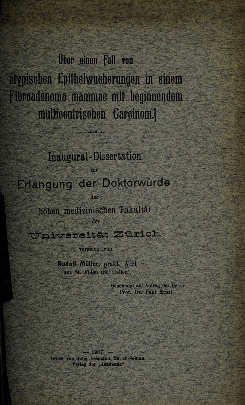 RudolfMüller/ prafet, Arzt aus ;Sti Fidjgn (St. Gallen). Genehmigt auf .Antrag^des Herrn Prof, Dr^ Paul Ernst, — 1907. — ; Druek von Gebr. Leemann, Zürich-Selnau. . j Verlag der ^AcademiÄ“