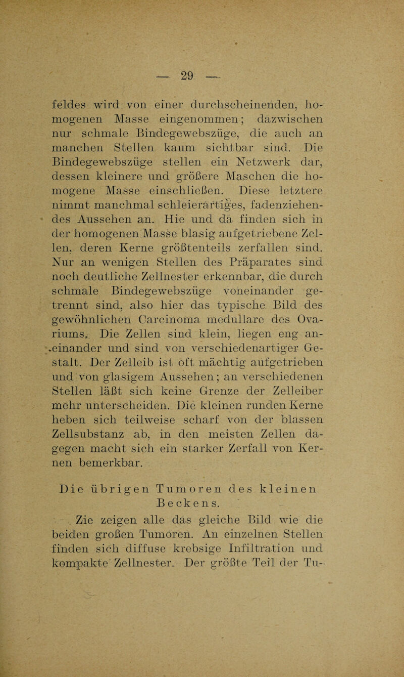 feldes wird von einer durchscheinenden, ho¬ mogenen Masse eingenommen; dazwischen nur schmale Bindegewebszüge, die auch an manchen Stellen kaum sichtbar sind. Die Bindegewebszüge stellen ein Netzwerk dar, dessen kleinere und größere Maschen die ho¬ mogene Masse einschließen. Diese letztere nimmt manchmal schleierartiges, fadenziehen¬ des Aussehen an. Hie und da finden sich in der homogenen Masse blasig aufgetriebene Zel¬ len, deren Kerne größtenteils zerfallen sind. Nur an wenigen Stellen des Präparates sind noch deutliche Zellnester erkennbar, die durch schmale Bindegewebszüge voneinander ge¬ trennt sind, also hier das typische Bild des gewöhnlichen Carcinoma medulläre des Ova- riums, Die Zellen sind klein, liegen eng an¬ einander und sind von verschiedenartiger Ge¬ stalt. Der Zelleib ist oft mächtig aufgetrieben und von glasigem Aussehen; an verschiedenen Stellen läßt sich keine Grenze der Zelleiber mehr unterscheiden. Die kleinen runden Kerne heben sich teilweise scharf von der blassen Zellsubstanz ab, in den meisten Zellen da¬ gegen macht sich ein starker Zerfall von Ker¬ nen bemerkbar. Die übrigen Tumoren des kleinen Beckens. Zie zeigen alle das gleiche Bild wie die beiden großen Tumoren. An einzelnen Stellen finden sich diffuse krebsige Infiltration und kompakte Zellnester. Der größte Teil der Tu-