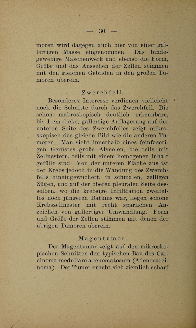 moren wird dagegen auch hier von einer gal¬ lertigen Masse eingenommen. Das binde¬ gewebige Maschenwerk und ebenso die Form, Größe und das Aussehen der Zellen stimmen mit den gleichen Gebilden in den großen Tu¬ moren überein. Zwerchfell. Besonderes Interesse verdienen vielleicht * noch die Schnitte durch das Zwerchfell. Die schon, makroskopisch deutlich erkennbare, bis 1 cm dicke, gallertige Auflagerung auf der unteren Seite des Zwerchfelles zeigt mikro¬ skopisch das gleiche Bild wie die anderen Tu¬ moren. Man sieht innerhalb eines feinfaseri¬ gen Gerüstes große Alveolen, die teils mit Zellnestern, teils mit einem homogenen Inhalt gefüllt sind. Von der unteren Fläche aus ist der Krebs jedoch in die Wandung des Zwerch¬ fells hineingewuchert, in schmalen, zelligen Zügen, und auf der oberen pleuralen Seite des¬ selben, wo die krebsige Infiltration zweifel¬ los noch jüngeren Datums war, liegen schöne Krebszellnester mit recht spärlichen An¬ zeichen von gallertiger Umwandlung. Form und Größe der Zellen stimmen mit denen der übrigen Tumoren überein. Magentumor. Der Magentumor zeigt auf den mikrosko¬ pischen Schnitten den typischen Bau des Car¬ cinoma medulläre adenomatosum (Adenocarci- noma). Der Tumor erhebt sich ziemlich scharf