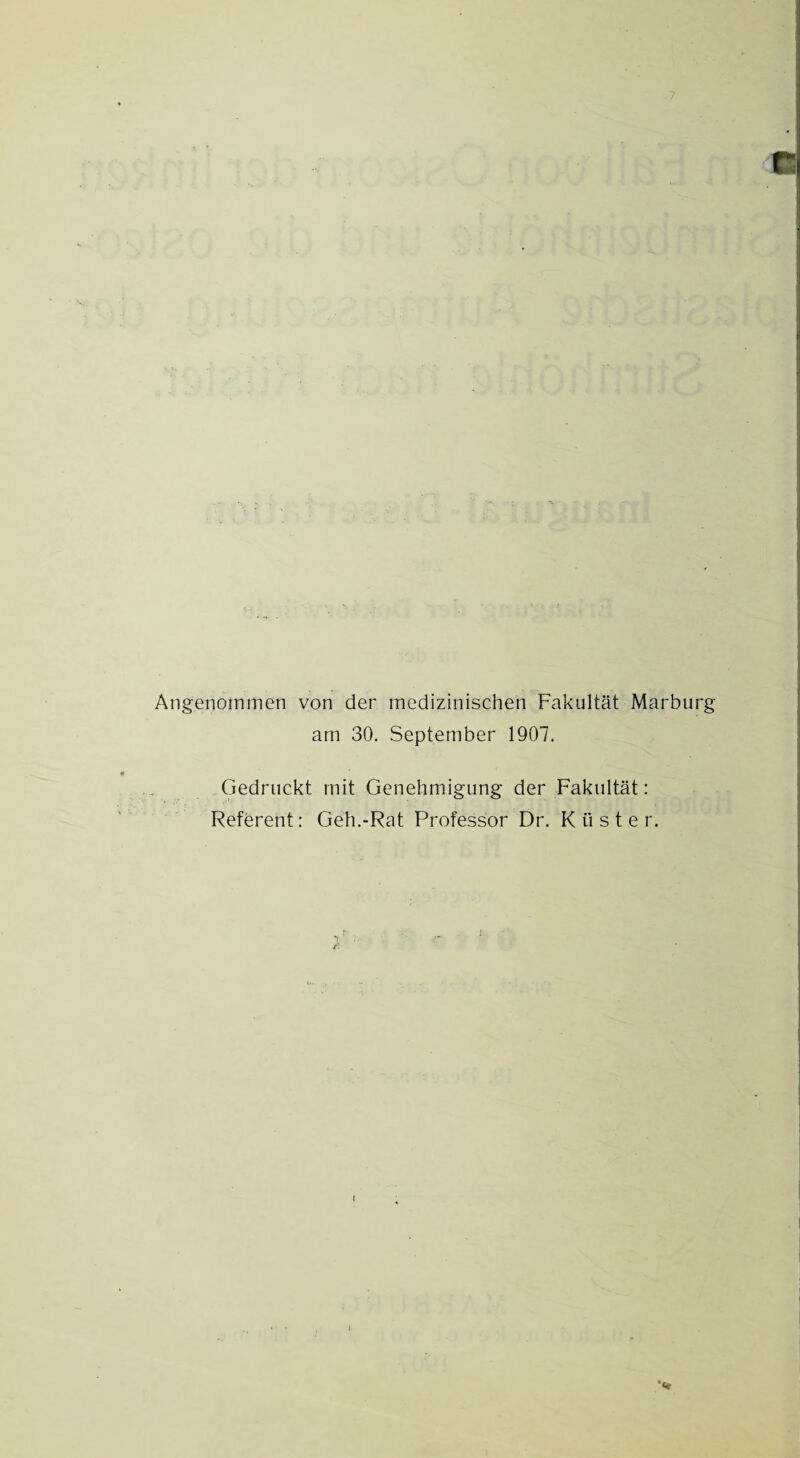 Angenommen von der medizinischen Fakultät Marburg am 30. September 1907. Gedruckt mit Genehmigung der Fakultät: Referent: Geh.-Rat Professor Dr. Küster.