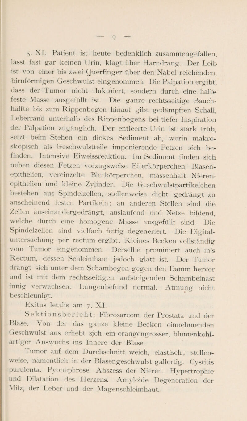 5. XI. P atient ist heute bedenklich zusammen gefallen lässt fast gar keinen Urin, klagt über Harndrang. Der Leib ist von einer bis zwei Querfinger über den Nabel reichenden, bimförmigen Geschwulst eingenommen. Die Palpation ergibt, dass der Tumor nicht fluktuiert, sondern durch eine halb* feste Masse ausgefüllt ist. Die ganze rechtsseitige Bauch¬ hälfte bis zum Rippenbogen hinauf gibt gedämpften Schall, Leberrand unterhalb des Rippenbogens bei tiefer Inspiration der Palpation zugänglich. Der entleerte Urin ist stark trüb, setzt beim Stehen ein dickes Sediment ab, worin makro¬ skopisch als Geschwulstteile imponierende Fetzen sich be¬ finden. Intensive Eiweissreaktion. Im Sediment finden sich neben diesen Fetzen vorzugsweise Eiterkörperchen, Blasen- epithelien, vereinzelte Blutkörperchen, massenhaft Nieren- epithelien und kleine Zylinder. Die Geschwulstpartikelchen bestehen aus Spindelzellen, stellenweise dicht gedrängt zu anscheinend festen Partikeln; an anderen Stellen sind die Zellen auseinandergedrängt, auslaufend und Netze bildend, welche durch eine homogene Masse ausgefüllt sind. Die Spindelzellen sind vielfach fettig degeneriert. Die Digital¬ untersuchung per rectum ergibt: Kleines Becken vollständig vom I umor eingenommen. Derselbe prominiert auch in’s Rectum, dessen Schleimhaut jedoch glatt ist. Der Tumor drängt sich unter dem Scham bogen gegen den Damm hervor und ist mit dem rechtsseitigen, aufsteigenden Schambeinast innig verwachsen. Lungenbefund normal. Atmung nicht beschleunigt. Exitus letalis am 7. XI. Sektionsbericht: Fibrosarcom der Prostata und der Blase. \ on der das ganze kleine Becken einnehmenden Geschwulst aus erhebt sich ein orangengrosser, blumenkohl- artiger Auswuchs ins Innere der Blase. I umor aul dem Durchschnitt weich, elastisch; stellen¬ weise, namentlich in der Blasengeschwulst gallertig. Cystitis purulenta. Pyonephrose. Abszess der Nieren. Hypertrophie und Dilatation des Herzens. Amyloide Degeneration der Milz, der Leber und der Magenschleimhaut.