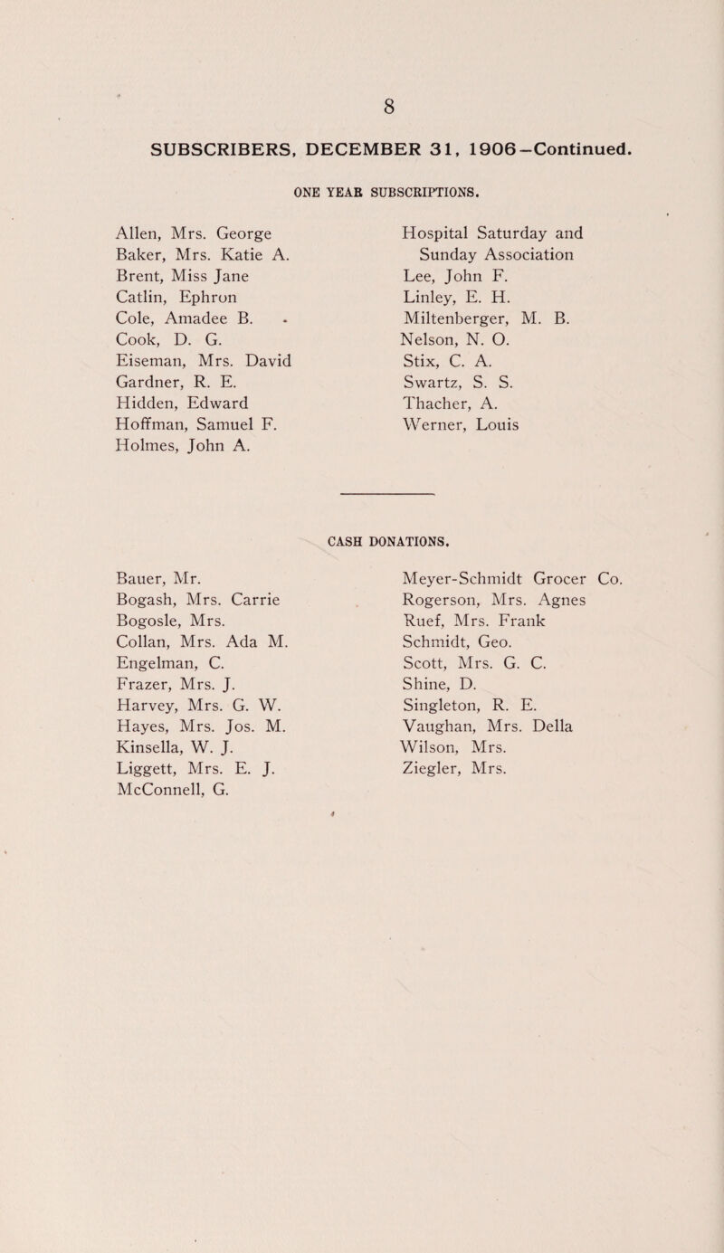 SUBSCRIBERS, DECEMBER 31, 1906-Continued. ONE YEAR SUBSCRIPTIONS. Allen, Mrs. George Baker, Mrs. Katie A. Brent, Miss Jane Catlin, Ephron Cole, Amadee B. Cook, D. G. Eiseman, Mrs. David Gardner, R. E. Hidden, Edward Hoffman, Samuel F. Holmes, John A. Hospital Saturday and Sunday Association Lee, John F. Linley, E. H. Miltenberger, M. B. Nelson, N. O. Stix, C. A. Swartz, S. S. Thacher, A. Werner, Louis CASH DONATIONS. Bauer, Mr. Bogash, Mrs. Carrie Bogosle, Mrs. Collan, Mrs. Ada M. Engelman, C. Frazer, Mrs. J. Harvey, Mrs. G. W. Hayes, Mrs. Jos. M. Kinsella, W. J. Liggett, Mrs. E. J. McConnell, G. Meyer-Schmidt Grocer Co Rogerson, Mrs. Agnes Ruef, Mrs. Frank Schmidt, Geo. Scott, Mrs. G. C. Shine, D. Singleton, R. E. Vaughan, Mrs. Della Wilson, Mrs. Ziegler, Mrs. 4