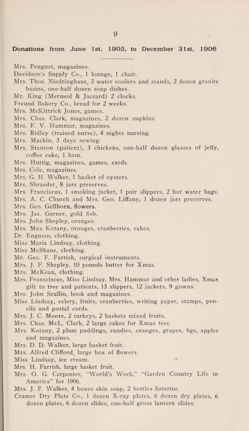 Donations from June 1st, 1905, to December 31st, 1906 Mrs. Peugnet, magazines. Davidson‘s Supply Co., 1 lounge, 1 chair. Mrs. Thos. Niedringhaus, 3 water coolers and stands, 2 dozen granite basins, one-half dozen soap dishes. Mr. King (Mermod & Jaccard) 2 clocks. Freund Bakery Co., bread for 2 weeks. Mrs. McKittrick Jones, games. Mrs. Chas. Clark, magazines, 2 dozen napkins. Mrs. F. V. Hammar, magazines. Mrs. Ridley (trained nurse), 4 nights nursing. Mrs. Mackin, 3 days sewing. Mrs. Stanton (patient), 3 chickens, one-half dozen glasses of jelly, coffee cake, 1 ham. Mrs. Huttig, magazines, games, cards. Mrs. Cole, magazines. Mrs. G. H. Walker, 1 basket of oysters. Mrs. Shraeder, 8 jars preserves. Mrs. Franciscus, 1 smoking jacket, 1 pair slippers, 2 hot water bags. Mrs. A. C. Church and Mrs. Geo. Liffany, 1 dozen jars preserves. Mrs. Geo. Gellhorn, flowers. Mrs. Jas. Gurner, gold fish. Mrs. John Shepley, oranges. Mrs. Max Kotany, oranges, cranberries, cakes. Dr. Engman, clothing. Miss Maria Lindsay, clothing. Miss McShane, clothing. Mr. Geo. F. Farrish, surgical instruments. Mrs. J. F. Shepley, 10 pounds butter for Xmas. Mrs. McKean, clothing. Mrs. Fransciscus, Miss Lindsay, Mrs. Hammar and other ladies, Xmas gift to tree and patients, 13 slippers, 12 jackets, 9 gowns. Mrs. John Scullin, book and magazines. Miss Lindsay, celery, fruits, cranberries, writing paper, stamps, pen¬ cils and postal cards. Mrs. J. C. Moore, 2 turkeys, 2 baskets mixed fruits. Mrs. Chas. McL. Clark, 2 large cakes for Xmas tree. Mrs. Kotany, 2 plum puddings, candies, oranges, grapes, figs, apples and magazines. Mrs. D. D. Walker, large basket fruit. Mrs. Alfred Clifford, large box of flowers. Miss Lindsay, ice cream. * Mrs. H. Farrish, large basket fruit. Mrs. O. G. Carpenter, “World’s Work,” “Garden Country Life in America” for 1906. Mrs. J. F. Walker, 4 boxes skin soap, 2 bottles listerine. Cramer Dry Plate Co., 1 dozen X-ray plates, 6 dozen dry plates, 6 dozen plates, 6 dozen slides, one-half gross lantern slides.