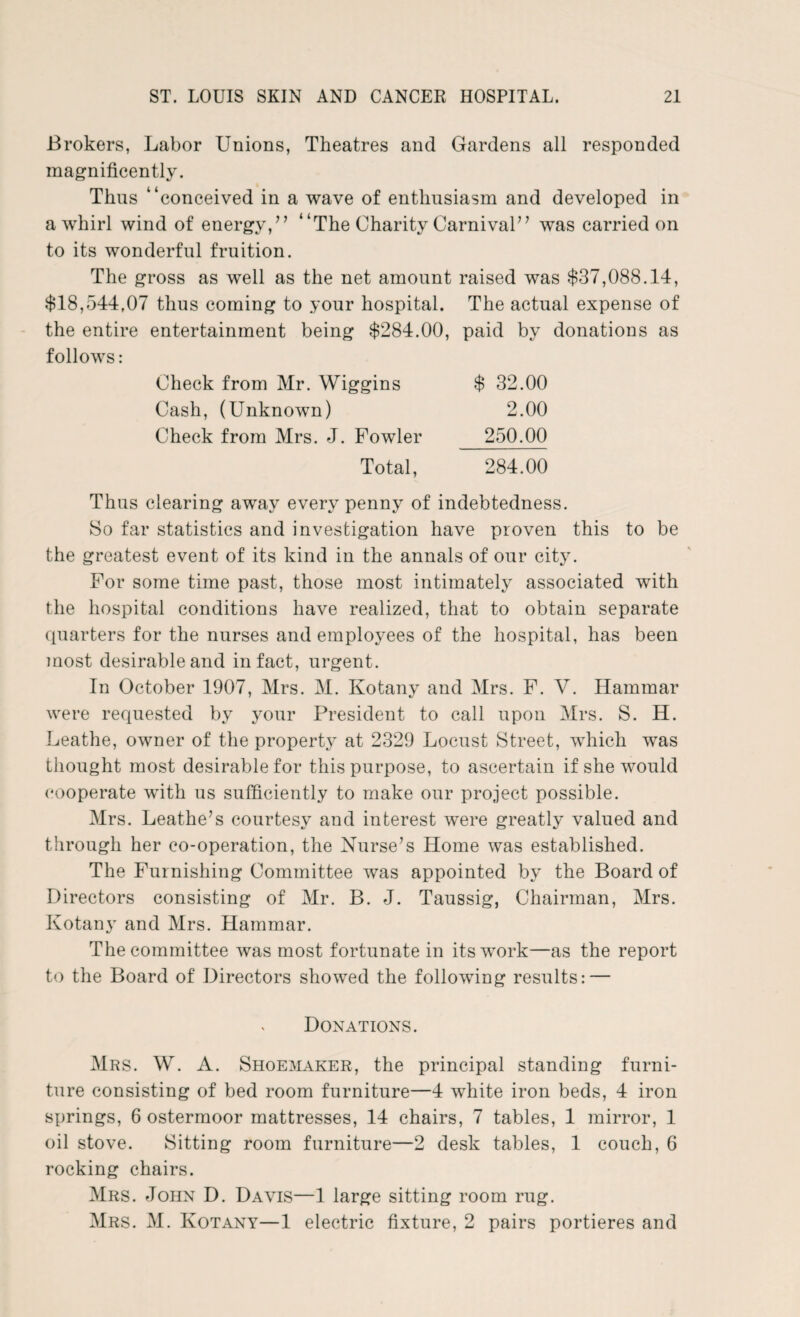 Brokers, Labor LTnions, Theatres and Gardens all responded magnificently. Thus “conceived in a wave of enthusiasm and developed in a whirl wind of energy,” “The Charity Carnival” was carried on to its wonderful fruition. The gross as well as the net amount raised was $37,088.14, $18,544,07 thus coming to your hospital. The actual expense of the entire entertainment being $284.00, paid by donations as follows: Check from Mr. Wiggins $ 32.00 Cash, (Unknown) 2.00 Check from Mrs. J. Fowler 250.00 Total, 284.00 Thus clearing away every penny of indebtedness. So far statistics and investigation have proven this to be the greatest event of its kind in the annals of our city. For some time past, those most intimately associated with the hospital conditions have realized, that to obtain separate quarters for the nurses and employees of the hospital, has been most desirable and in fact, urgent. In October 1907, Mrs. M. Kotany and Mrs. F. V. Hammar were requested by your President to call upon Mrs. S. H. Leathe, owner of the property at 2329 Locust Street, which was thought most desirable for this purpose, to ascertain if she wrould cooperate with us sufficiently to make our project possible. Mrs. Leathers courtesy and interest were greatly valued and through her co-operation, the Nurse’s Home was established. The Furnishing Committee was appointed by the Board of Directors consisting of Mr. B. J. Taussig, Chairman, Mrs. Kotany and Mrs. Hammar. The committee was most fortunate in its work—as the report to the Board of Directors showed the following results: — Donations. Mrs. W. A. Shoemaker, the principal standing furni¬ ture consisting of bed room furniture—4 white iron beds, 4 iron springs, 6 ostermoor mattresses, 14 chairs, 7 tables, 1 mirror, 1 oil stove. Sitting room furniture—2 desk tables, 1 couch, 6 rocking chairs. Mrs. John D. Davis—1 large sitting room rug. Mrs. M. Kotany—1 electric fixture, 2 pairs portieres and
