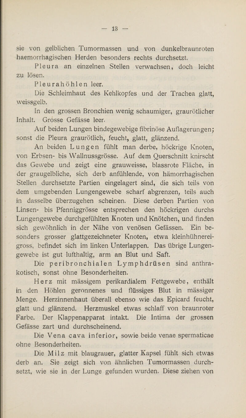 sie von gelblichen Tumormassen und von dunkelbraunroten haemorrhagischen Herden besonders rechts durchsetzt. Pleura an einzelnen Stellen verwachsen, doch leicht zu lösen. Pleurahöhlen leer. Die Schleimhaut des Kehlkopfes und der Trachea glatt, weissgelb. In den grossen Bronchien wenig schaumiger, graurötlicher Inhalt. Grosse Gefässe leer. Auf beiden Lungen bindegewebige fibrinöse Auflagerungen; sonst die Pleura graurötlich, feucht, glatt, glänzend. An beiden Lungen fühlt man derbe, höckrige Knoten, von Erbsen- bis Wallnussgrösse. Auf dem Querschnitt knirscht das Gewebe und zeigt eine grauweisse, blassrote Fläche, in der graugelbliche, sich derb anfühlende, von hämorrhagischen Stellen durchsetzte Partien eingelagert sind, die sich teils von dem umgebenden Lungengewebe scharf abgrenzen, teils auch in dasselbe überzugehen scheinen. Diese derben Partien von Linsen- bis Pfenniggrösse entsprechen den höckrigen durchs Lungengewebe durchgefühlten Knoten und Knötchen, und finden sich gewöhnlich in der Nähe von venösen Gefässen. Ein be¬ sonders grosser glattgezeichneter Knoten, etwa kleinhühnerei¬ gross, befindet sich im linken Unterlappen. Das übrige Lungen¬ gewebe ist gut lufthaltig, arm an Blut und Saft. Die peribronchialen Lymphdrüsen sind anthra- kotisch, sonst ohne Besonderheiten. Herz mit mässigem perikardialem Fettgewebe, enthält in den Höhlen geronnenes und flüssiges Blut in mässiger Menge. Herzinnenhaut überall ebenso wie das Epicard feucht, glatt und glänzend. Herzmuskel etwas schlaff von braunroter Farbe. Der Klappenapparat intakt. Die Intima der grossen Gefässe zart und durchscheinend. Die Vena cava inferior, sowie beide venae spermaticae ohne Besonderheiten. Die Milz mit blaugrauer, glatter Kapsel fühlt sich etwas derb an. Sie zeigt sich von ähnlichen Tumormassen durch¬ setzt, wie sie in der Lunge gefunden wurden. Diese ziehen von