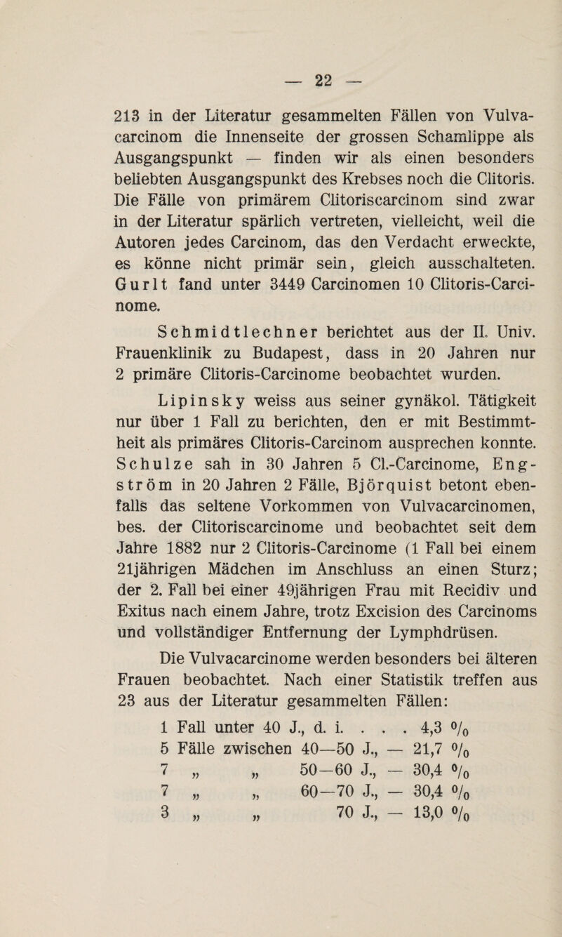 213 in der Literatur gesammelten Fällen von Vulva- carcinom die Innenseite der grossen Schamlippe als Ausgangspunkt — finden wir als einen besonders beliebten Ausgangspunkt des Krebses noch die Clitoris. Die Fälle von primärem Clitorisearcinom sind zwar in der Literatur spärlich vertreten, vielleicht, weil die Autoren jedes Carcinom, das den Verdacht erweckte, es könne nicht primär sein, gleich aus schalteten. Gurlt fand unter 3449 Carcinomen 10 Clitoris-Carci- nome. Schmidtlechner berichtet aus der II. Univ. Frauenklinik zu Budapest, dass in 20 Jahren nur 2 primäre Clitoris-Carcinome beobachtet wurden. Lipinsky weiss aus seiner gynäkol. Tätigkeit nur über 1 Fall zu berichten, den er mit Bestimmt¬ heit als primäres Clitoris-Carcinom ausprechen konnte. Schulze sah in 30 Jahren 5 Cl.-Carcinome, Eng- ström in 20 Jahren 2 Fälle, Björquist betont eben¬ falls das seltene Vorkommen von Vulvacarcinomen, bes. der Clitoriscarcinome und beobachtet seit dem Jahre 1882 nur 2 Clitoris-Carcinome (1 Fall bei einem 21jährigen Mädchen im Anschluss an einen Sturz; der 2. Fall bei einer 49jährigen Frau mit Recidiv und Exitus nach einem Jahre, trotz Excision des Carcinoms und vollständiger Entfernung der Lymphdrüsen. Die Vulvacarcinome werden besonders bei älteren Frauen beobachtet. Nach einer Statistik treffen aus 23 aus der Literatur gesammelten Fällen: 1 Fall unter 40 J., d. i. . . . 4,3 % 5 Fälle zwischen 40—50 J., — 21,7 % 7 „ „ 50—60 J., — 30,4 % 7 „ „ 60-70 J., - 30,4 o/0 3 „ „ 70 J, - 13,0 o/o