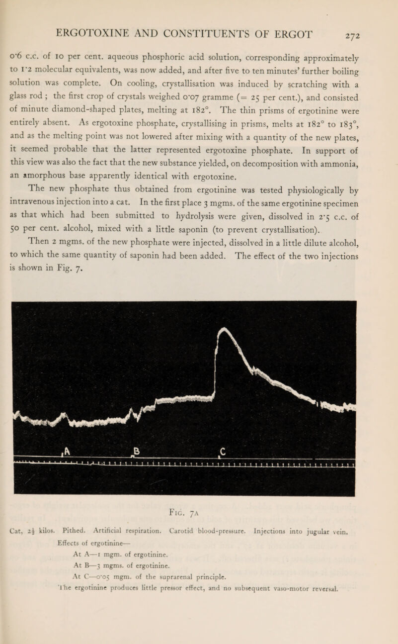 272 o*6 c.c. of 10 per cent, aqueous phosphoric acid solution, corresponding approximately to 1*2 molecular equivalents, was now added, and after five to ten minutes’further boiling solution was complete. On cooling, crystallisation was induced by scratching with a glass rod ; the first crop of crystals weighed 0*07 gramme (= 25 per cent.), and consisted of minute diamond-shaped plates, melting at 182°. The thin prisms of ergotinine were entirely absent. As ergotoxine phosphate, crystallising in prisms, melts at 182° to 183°, and as the melting point was not lowered after mixing with a quantity of the new plates, it seemed probable that the latter represented ergotoxine phosphate. In support of this view was also the fact that the new substance yielded, on decomposition with ammonia, an amorphous base apparently identical with ergotoxine. The new phosphate thus obtained from ergotinine was tested physiologically by intravenous injection into a cat. In the first place 3 mgms. of the same ergotinine specimen as that which had been submitted to hydrolysis were given, dissolved in 2*5 c.c. of 50 per cent, alcohol, mixed with a little saponin (to prevent crystallisation). Then 2 mgms. of the new phosphate were injected, dissolved in a little dilute alcohol, to which the same quantity of saponin had been added. The effect of the two injections is shown in Fig. 7. Fig. 7A Cat, 2k kilos. Pithed. Artificial respiration. Carotid blood-pressure. Injections into jugular vein. Effects of ergotinine— At A—1 mgm. of ergotinine. At B—3 mgms. of ergotinine. At C—cro5 mgm. of the suprarenal principle. The ergotinine produces little pressor effect, and no subsequent vaso-motor reversal.