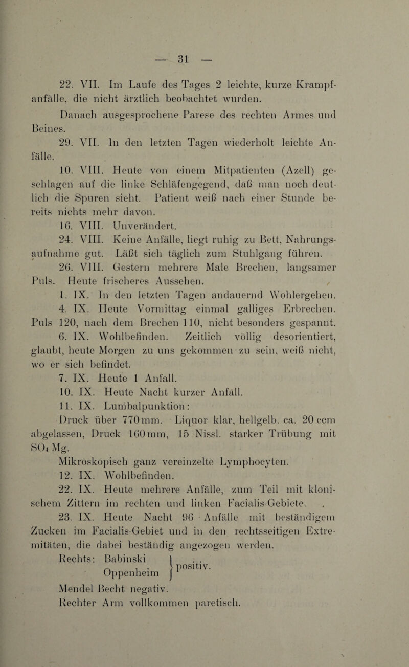 22. VII. Im Laufe des Tages 2 leichte, kurze Krampf¬ anfälle, die nicht ärztlich beobachtet wurden. Danach ausgesprochene Parese des rechten Armes und Beines. 29. VII. ln den fälle. letzten Tagen wiederholt leichte An- 10. VIII. Heute von einem Mitpatienten (Azell) ge¬ schlagen auf die linke Schläfengegend, daß man noch deut¬ lich die Spuren sieht. Patient weiß nach einer Stunde be¬ reits nichts mehr davon. 16. VIII. Unverändert. 24. VIII. Keine Anfälle, liegt ruhig zu Bett, Nahrungs¬ aufnahme gut. Läßt sich täglich zum Stuhlgang führen. 26. VIII. Gestern mehrere Male Brechen, langsamer Puls. Heute frischeres Aussehen. I. IX. In den letzten Tagen andauernd Wohlergehen. 4. IX. Heute Vormittag einmal galliges Erbrechen. Puls 120, nach dem Brechen 110, nicht besonders gespannt. 6. IX. Wohlbefinden. Zeitlich völlig desorientiert, glaubt, heute Morgen zu uns gekommen zu sein, weiß nicht, wo er sich befindet. 7. IX. Heute 1 Anfall. 10. IX. Heute Nacht kurzer Anfall. II. IX. Lumbalpunktion: Druck über 770mm. Liquor klar, hellgelb, ca. 20 ccm abgelassen, Druck 160mm, 15 Nissl. starker Trübung mit S(>4 Mg. Mikroskopisch ganz vereinzelte Lymphocyten. 12. IX. Wohlbefinden. 22. IX. Heute mehrere Anfälle, zum Teil mit kloni¬ schem Zittern im rechten und linken Facialis-Gebiete. 23. IX. Heute Nacht 96 • Anfälle mit beständigem Zucken im Facialis-Gebiet und in den rechtsseitigen Extre¬ mitäten, die dabei beständig angezogen werden. Rechts: Babinski ] . . „ . . > positiv. Oppenheim I Mendel Recht negativ. Rechter Arm vollkommen paretisch.