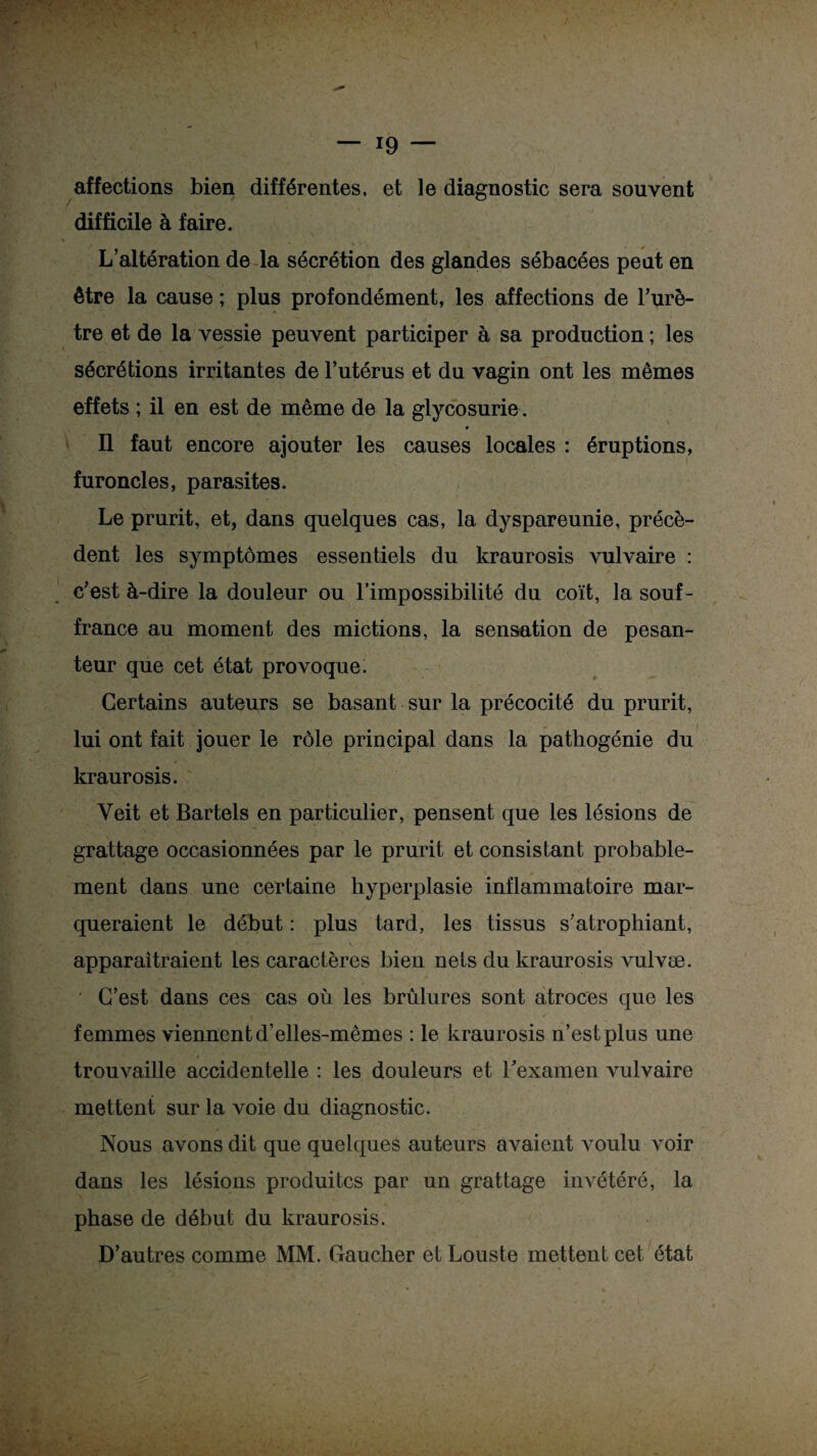 affections bien différentes, et le diagnostic sera souvent difficile à faire. L’altération de la sécrétion des glandes sébacées peut en être la cause ; plus profondément, les affections de l’urè- tre et de la vessie peuvent participer à sa production ; les sécrétions irritantes de l’utérus et du vagin ont les mêmes effets ; il en est de même de la glycosurie. Il faut encore ajouter les causes locales : éruptions, furoncles, parasites. Le prurit, et, dans quelques cas, la dyspareunie, précè¬ dent les symptômes essentiels du kraurosis vulvaire : c’est à-dire la douleur ou l’impossibilité du coït, la souf¬ france au moment des mictions, la sensation de pesan¬ teur que cet état provoque. Certains auteurs se basant sur la précocité du prurit, lui ont fait jouer le rôle principal dans la pathogénie du kraurosis. Yeit et Bartels en particulier, pensent que les lésions de grattage occasionnées par le prurit et consistant probable¬ ment dans une certaine hyperplasie inflammatoire mar¬ queraient le début : plus tard, les tissus s’atrophiant, apparaîtraient les caractères bien nets du kraurosis vulvæ. C’est dans ces cas où les brûlures sont atroces que les femmes viennent d’elles-mêmes : le kraurosis n’est plus une trouvaille accidentelle : les douleurs et l’examen vulvaire mettent sur la voie du diagnostic. Nous avons dit que quelques auteurs avaient voulu voir dans les lésions produites par un grattage invétéré, la phase de début du kraurosis. D’autres comme MM. Gaucher et Louste mettent cet état
