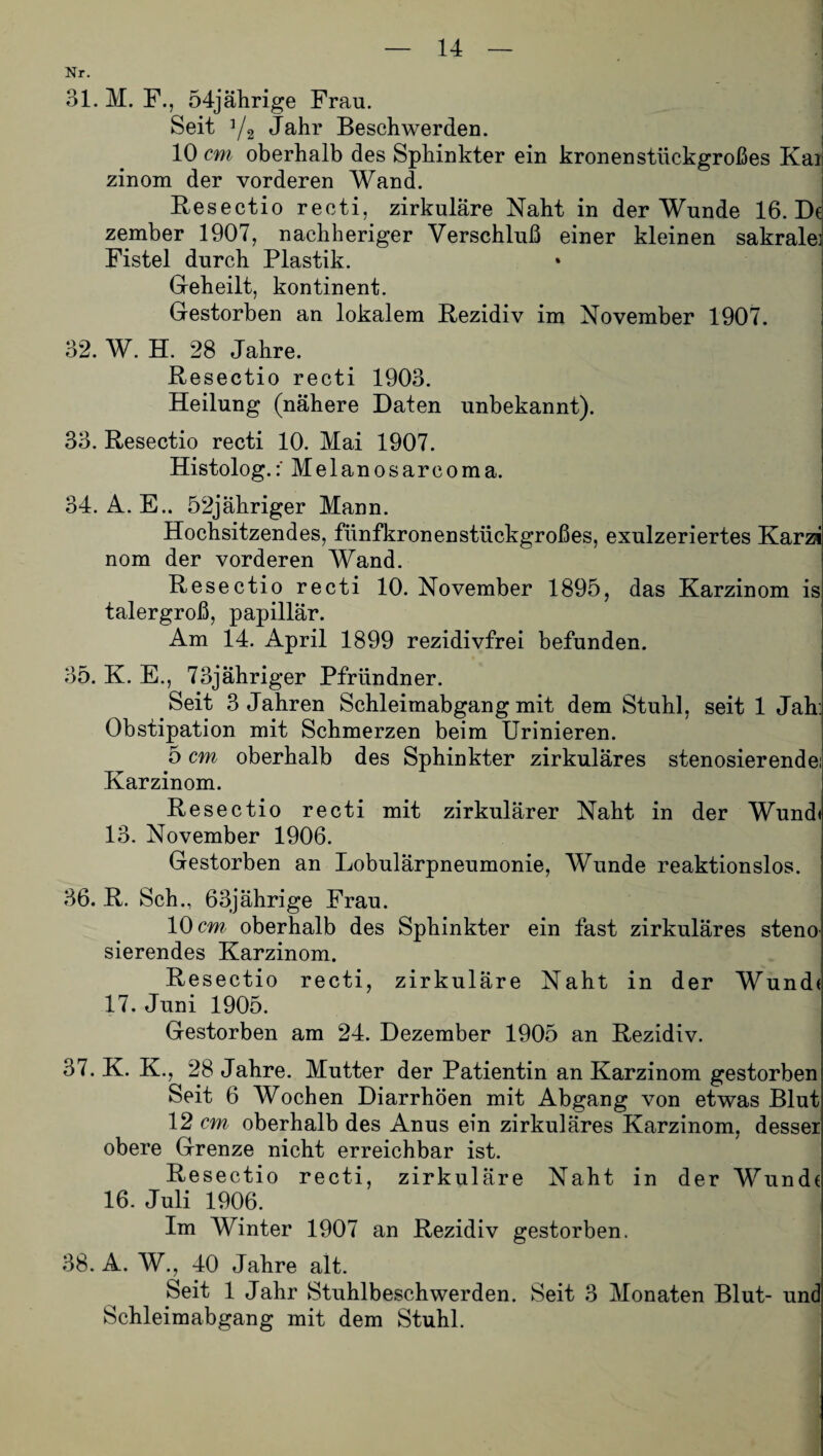 Nr. 31. M. F., 54jahrige Frau. Seit y2 Jahr Beschwerden. 10 cm oberhalb des Sphinkter ein kronenstückgroßes Kai| zinom der vorderen Wand. Resectio recti, zirkuläre Naht in der Wunde 16. De zember 1907, nachheriger Verschluß einer kleinen sakrale: Fistel durch Plastik. Geheilt, kontinent. Gestorben an lokalem Rezidiv im November 1907. 32. W. H. 28 Jahre. Resectio reeti 1903. Heilung (nähere Daten unbekannt). 33. Resectio recti 10. Mai 1907. Histolog.:' Melanosarcoma. 34. A. E.. 52jäkriger Mann. Hochsitzendes, fünfkronenstückgroßes, exulzeriertes Karzi nom der vorderen Wand. Resectio recti 10. November 1895, das Karzinom is talergroß, papillär. Am 14. April 1899 rezidivfrei befunden. 35. K. E., 73jähriger Pfründner. Seit 3 Jahren Schleimabgang mit dem Stuhl, seit 1 Jah: Obstipation mit Schmerzen beim Urinieren. 5 cm oberhalb des Sphinkter zirkuläres stenosierende: Karzinom. Resectio recti mit zirkulärer Naht in der Wund« 13. November 1906. Gestorben an Lobulärpneumonie, Wunde reaktionslos. 36. R. Sch., 63jährige Frau. 10 cm oberhalb des Sphinkter ein fast zirkuläres steno sierendes Karzinom. Resectio recti, zirkuläre Naht in der Wund« 17. Juni 1905. Gestorben am 24. Dezember 1905 an Rezidiv. 37. K. K., 28 Jahre. Mutter der Patientin an Karzinom gestorben Seit 6 Wochen Diarrhöen mit Abgang von etwas Blut 12 cm oberhalb des Anus ein zirkuläres Karzinom, desser obere Grenze nicht erreichbar ist. Resectio recti, zirkuläre Naht in der Wund« 16. Juli 1906. Im Winter 1907 an Rezidiv gestorben. 38. A. W., 40 Jahre alt. Seit 1 Jahr Stuhlbeschwerden. Seit 3 Monaten Blut- und Schleimabgang mit dem Stuhl.