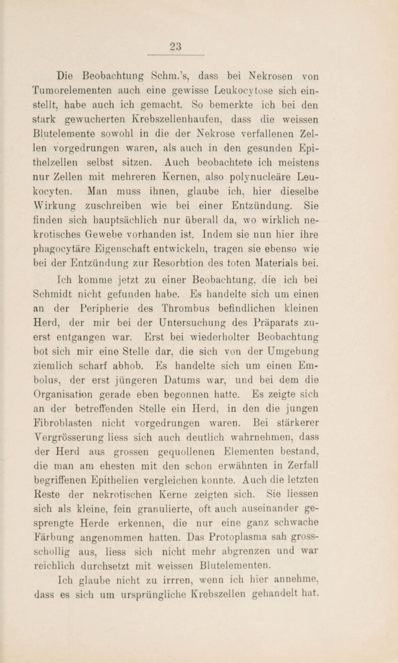 Die Beobachtung Schm.’s, dass bei Nekrosen von Tumorelementen auch eine gewisse Leukocytose sich ein¬ stellt, habe auch ich gemacht. So bemerkte ich bei den stark gewucherten Krebszellenhaufen, dass die weissen Blutelemente sowohl in die der Nekrose verfallenen Zel¬ len vorgedrungen waren, als auch in den gesunden Epi¬ thelzellen selbst sitzen. Auch beobachtete ich meistens nur Zellen mit mehreren Kernen, also polynucleäre Leu- kocyten. Man muss ihnen, glaube ich, hier dieselbe Wirkung zuschreiben wie bei einer Entzündung. Sie finden sich hauptsächlich nur überall da, wo wirklich ne¬ krotisches Gewebe vorhanden ist. Indem sie nun hier ihre phagocytäre Eigenschaft entwickeln, tragen sie ebenso wie bei der Entzündung zur Resorbtion des toten Materials bei. Ich komme jetzt zu einer Beobachtung, die ich bei Schmidt nicht gefunden habe. Es handelte sich um einen an der Peripherie des Thrombus befindlichen kleinen Herd, der mir bei der Untersuchung des Präparats zu¬ erst entgangen war. Erst bei wiederholter Beobachtung bot sich mir eine Stelle dar, die sich von der Umgebung ziemlich scharf abhob. Es handelte sich um einen Em¬ bolus, der erst jüngeren Datums war, und bei dem die Organisation gerade eben begonnen hatte. Es zeigte sich an der betreffenden Stelle ein Herd, in den die jungen Fibroblasten nicht vorgedrungen waren. Bei stärkerer Vergrösserung liess sich auch deutlich wahrnehmen, dass der Herd aus grossen gequollenen Elementen bestand, die man am ehesten mit den schon erwähnten in Zerfall begriffenen Epithelien vergleichen konnte. Auch die letzten Reste der nekrotischen Kerne zeigten sich. Sie Hessen sich als kleine, fein granulierte, oft auch auseinander ge¬ sprengte Herde erkennen, die nur eine ganz schwache Färbung angenommen hatten. Das Protoplasma sah gross¬ schollig aus, liess sich nicht mehr abgrenzen und war reichlich durchsetzt mit weissen Blutelementen. Ich glaube nicht zu irrren, wenn ich hier annehme, dass es sich um ursprüngliche Krebszellen gehandelt hat.