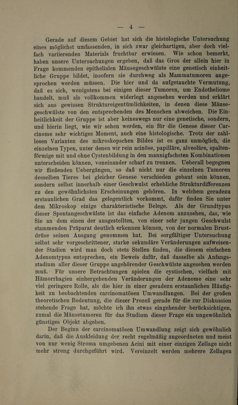 Gerade auf diesem Gebiet hat sich die histologische Untersuchung eines möglichst umfassenden, in sich zwar gleichartigen, aber doch viel¬ fach variierenden Materials fruchtbar erwiesen. Wie schon bemerkt, haben unsere Untersuchungen ergeben, daß das Gros der allein hier in Frage kommenden epithelialen Mäusegeschwülste eine genetisch einheit¬ liche Gruppe bildet, insofern sie durchweg als Mammatumoren ange¬ sprochen werden müssen. Die hier und da aufgetauchte Vermutung, daß es sich, wenigstens bei einigen dieser Tumoren, um Endotheliome handelt, muß als vollkommen widerlegt angesehen werden und erklärt sich aus gewissen Struktureigentümlichkeiten, in denen diese Mäuse¬ geschwülste von den entsprechenden des Menschen abweichen. Die Ein¬ heitlichkeit der Gruppe ist aber keineswegs nur eine genetische, sondern, und hierin liegt, wie wir sehen werden, ein für die Genese dieser Car- cinome sehr wichtiges Moment, auch eine histologische. Trotz der zahl¬ losen Varianten des mikroskopschen Bildes ist es ganz unmöglich, die einzelnen Typen, unter denen wir rein acinöse, papilläre, alveoläre, spalten¬ förmige mit und ohne Cystenbildung in den mannigfachsten Kombinationen unterscheiden können, voneinander scharf zu trennen. Ueberall begegnen wir fließenden Uebergängen, so daß nicht nur die einzelnen Tumoren desselben Tieres bei gleicher Genese verschieden gebaut sein können, sondern selbst innerhalb einer Geschwulst erhebliche Strukturdifferenzen zu den gewöhnlichsten Erscheinungen gehören. In welchem geradezu erstaunlichen Grad das gelegentlich vorkommt, dafür finden Sie unter dem Mikroskop einige charakteristische Belege. Als der Grundtypus dieser Spontangeschwülste ist das einfache Adenom anzusehen, das, wie Sie an dem einen der ausgestellten, von einer sehr jungen Geschwulst stammenden Präparat deutlich erkennen können, von der normalen Brust¬ drüse seinen Ausgang genommen hat. Bei sorgfältiger Untersuchung selbst sehr vorgeschrittener, starke sekundäre Veränderungen aufweisen¬ der Stadien wird man doch stets Stellen finden, die diesem einfachen Adenomtypus entsprechen, ein Beweis dafür, daß dasselbe als Anfangs¬ stadium aller dieser Gruppe angehörender Geschwülste angesehen werden muß. Für unsere Betrachtungen spielen die cystischen, vielfach mit Hämorrhagien einhergehenden Veränderungen der Adenome eine sehr viel geringere Rolle, als die hier in einer geradezu erstaunlichen Häufig¬ keit zu beobachtenden carcinomatösen Umwandlungen. Bei der großen theoretischen Bedeutung, die dieser Prozeß gerade für die zur Diskussion stehende Frage hat, möchte ich ihn etwas eingehender berücksichtigen, zumal die Mäusetumoren für das Studium dieser Frage ein ungewöhnlich günstiges Objekt ab geben. Der Beginn der carcinomatösen Umwandlung zeigt sich gewöhnlich darin, daß die Auskleidung der recht regelmäßig angeordneten und meist von nur wenig Stroma umgebenen Acini mit einer einzigen Zellage nicht mehr streng durchgeführt wird. Vereinzelt werden mehrere Zellagen