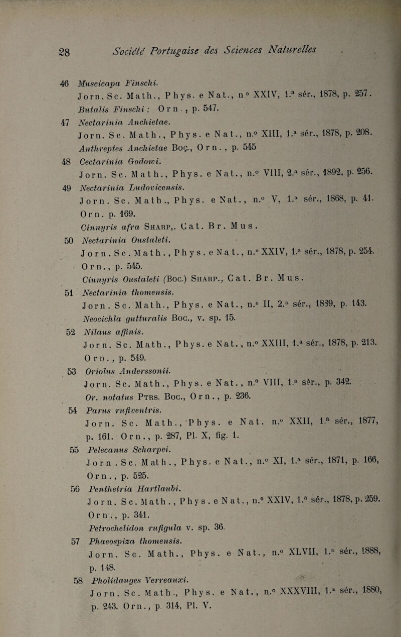 46 Muscicapa Finschi. Jorn.Sc. Math., Phys, e Nat., n.° XXIV, l.a sér., 1878, p. 257. Butalis Finschi ; 0 r n . , p. 547. 47 Nectarinia Anchietae. Jorn. Sc. Math., Phys, e Nat., n.° XIII, 1.a sér., 1878, p. 208. Anthreptes Anchietae Boç., O r n. , p. 545 48 Cectarinia Godowi. Jorn. Sc. Math., Phys, e Nat., n.° VIII, 2.a sér., 1892, p. 256. 49 Nectarinia Ludovicensis. Jorn. Sc. Math ., Phys, e Nat. , n.° V, l.a sér., 1868, p. 41. O r n . p. 169. Cinnyris afra Sharp,. Cat. Br. Mus. 50 Nectarinia Oustaleti. Jorn.Sc. Math., Phys, e N a t., n. XXIV, l.a sér., 1878, p. 254. O r n., p. 545. Cinnyris Oustaleti (Poe.) Sharp., Cat. Br. Mus. 51 Nectarinia thomensis. Jorn. Sc. Math., Phys, e Nat., n.° II, 2.a sér., 1839, p. 143. Neociclila gutturalis Boc., v. sp. 15. 52 Nilaus affinis. Jorn. Sc. Math., Phys, e Nat. , n.° XXIII, l.a sér., 1878, p. 213. O r n . , p. 549. 53 Oriolus Anderssonii. Jorn. Sc. Math., Phys, e Nat. , n.° VIII, l.a sér., p. 342. Or. notatus Ptrs. Boc., O r n ., p. 236. 54 Parus rufiventris. Jorn. Sc. Math., Phys, e Nat. n. XXII, 1.» sér., 1877, p. 161. Orn., p. 287, PI. X, fig. 1. 55 Pelecanus Scharpei. Jorn . Sc. Math., Phys, e Nat., n.» XI, 1.* sér., 1871, p. 166, Orn., p. 525. 56 Penthetria Hartlaubi. Jorn. Sc. Math., P h y s . e N at., u.° XXIV, l.“ sér., 1878, p. 259. Orn., p. 341. Petrochelidon rufigula v. sp. 36. 57 Phaeospiza thomensis. Jorn. Sc. Math., Phys, e Nat., n.° XLVII, l.a sér., 1888, p. 148. 58 Pholidauges Verreauxi. Jorn. Sc. Math., Phys, e Nat., n.» .XXXVIII, l.* sér., 1880, p. 243. Orn., p. 314, PI. V.