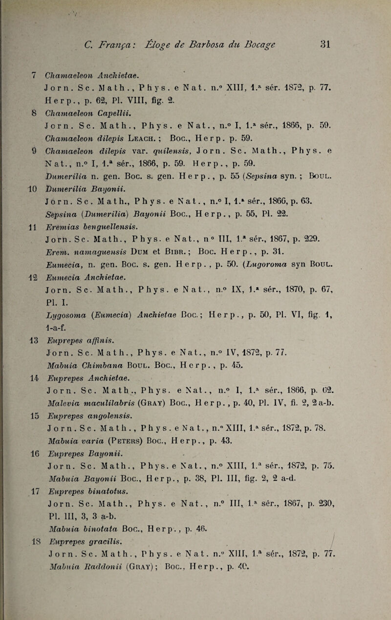 7 Chamaeleon Anchietae. Jorn. Sc. Math., Phys, e Nat. n.° XIII, l.a sér. 1872, p. 77. H e r p., p. 62, PL VIII, fig. 2. 8 Chamaeleon Capellii. Jorn. Sc. Math., Phys, e Nat., n.° I, l.a sér., 1866, p. 59. Chamaeleon dilepis Leach. ; Boc., Herp. p. 59. 9 Chamaeleon dilepis var. quilensis, Jorn. Sc. Math., Phys, e Nat., n.° I, l.a sér., 1866, p. 59. Herp., p. 59. Dumerilia n. gen. Boc. s. gen. Herp., p. 55 (Sepsina syn. ; B*oul. 10 Dumerilia Bayonii. Jorn. S c. Math., Phys, e Nat., n.° I, 1.‘ sér., 1866, p. 63. Sepsina (Dumerilia) Bayonii Boc., Herp., p. 55, PL 22. 11 Eremias benguellensis. Jorn.Sc. Math., Phys, e Nat., n° III, 1.‘ sér., 1867, p. 229. Ereni. namaguensis Dum et Bibr. ; Boc. Herp., p. 31. Eumecia, n. gen. Boc. s. gen. Iierp. , p. 50. (Lugoroma syn Boul. 12 Eumecia Anchietae. Jorn. Sc. Math., Phys, e Nat., n.° IX, 1 .* sér., 1870, p. 67, PL I. Lygosoma (Eumecia) Anchietae Boc.; Herp., p. 50, PL VI, fig. 1, 1-a-f. 13 Euprepes affinis. Jorn. Sc. Math., Phys, e Nat., n.° IV, 1872, p. 77. Mabuia Chimbana Boul. Boc., Herp., p. 45. 14 Euprepes Anchietae. Jorn.Sc. Math., Phys, e Nat., n.° I, l.a sér., 1866, p. 62. Malevia maculilabris (Gray) Boc., Herp., p. 40, PL IV, fi. 2, 2a-b. 15 Euprepes angolensis. Jorn.Sc. Math., P h y s . e N a t. ? n.° XIII, l.a sér., 1S72, p. 78. Mabuia varia (Peters) Boc., Herp., p. 43. 16 Euprepes Bayonii. Jorn. Sc. Math., Phys.e Nat., n.° XIII, l.a sér., 1872, p. 75. Mabuia Bayonii Boc., Herp., p. 38, PL III, fig. 2, 2 a-d. 17 Euprepes binatotus. Jorn. Sc. Math., Phys, e Nat., n.° III, l.a sér., 1867, p. 230, Pl. 111, 3, 3 a-b. Mabuia binotata Boc., Herp., p. 46. 1S Euprepes gracilis. Jorn. Sc. Math., Phys, e Nat. n.° XIII, l.a sér., 1872, p. 77. Mabuia Raddonii (Gray); Boc., Herp., p. 40.