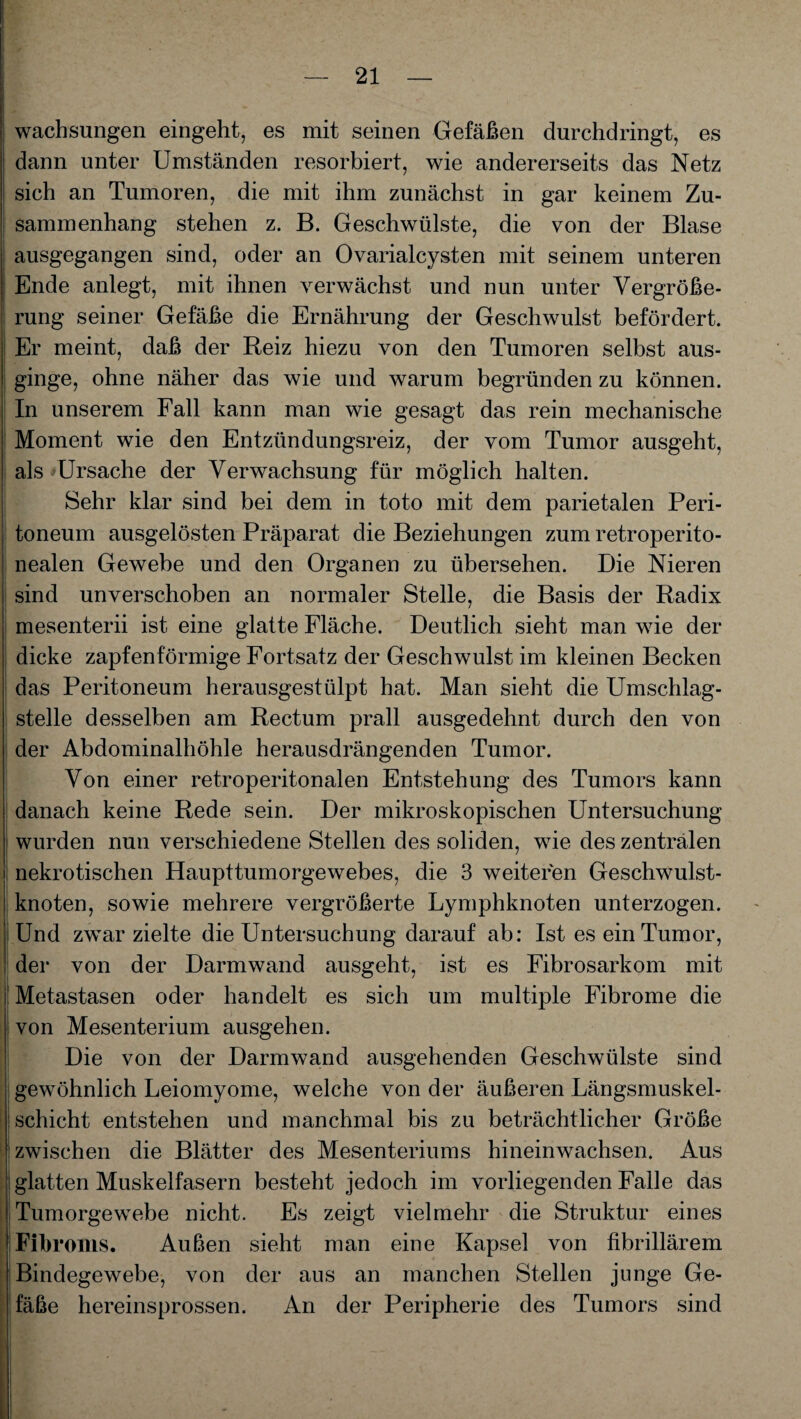 wachsungen eingeht, es mit seinen Gefäßen durchdringt, es dann unter Umständen resorbiert, wie andererseits das Netz sich an Tumoren, die mit ihm zunächst in gar keinem Zu¬ sammenhang stehen z. B. Geschwülste, die von der Blase ausgegangen sind, oder an Ovarialcysten mit seinem unteren Ende anlegt, mit ihnen verwächst und nun unter Vergröße¬ rung seiner Gefäße die Ernährung der Geschwulst befördert. Er meint, daß der Reiz hiezu von den Tumoren selbst aus¬ ginge, ohne näher das wie und warum begründen zu können. In unserem Fall kann man wie gesagt das rein mechanische Moment wie den Entzündungsreiz, der vom Tumor ausgeht, als Ursache der Verwachsung für möglich halten. Sehr klar sind bei dem in toto mit dem parietalen Peri¬ toneum ausgelösten Präparat die Beziehungen zum retroperito- nealen Gewebe und den Organen zu übersehen. Die Nieren sind unverschoben an normaler Stelle, die Basis der Radix mesenterii ist eine glatte Fläche. Deutlich sieht man wie der dicke zapfenförmige Fortsatz der Geschwulst im kleinen Becken das Peritoneum herausgestülpt hat. Man sieht die Umschlag¬ stelle desselben am Rectum prall ausgedehnt durch den von der Abdominalhöhle herausdrängenden Tumor. Von einer retroperitonalen Entstehung des Tumors kann danach keine Rede sein. Der mikroskopischen Untersuchung wurden nun verschiedene Stellen des soliden, wie des zentralen 1 nekrotischen Haupttumorgewebes, die 3 weiteren Geschwulst¬ knoten, sowie mehrere vergrößerte Lymphknoten unterzogen, j Und zwar zielte die Untersuchung darauf ab: Ist es ein Tumor, der von der Darmwand ausgeht, ist es Fibrosarkom mit Metastasen oder handelt es sich um multiple Fibrome die von Mesenterium ausgehen. Die von der Darmwand ausgehenden Geschwülste sind gewöhnlich Leiomyome, welche von der äußeren Längsmuskel- i Schicht entstehen und manchmal bis zu beträchtlicher Größe zwischen die Blätter des Mesenteriums hineinwachsen. Aus glatten Muskelfasern besteht jedoch im vorliegenden Falle das j Tumorgewebe nicht. Es zeigt vielmehr die Struktur eines Fibroms. Außen sieht man eine Kapsel von fibrillärem Bindegewebe, von der aus an manchen Stellen junge Ge¬ fäße hereinsprossen. An der Peripherie des Tumors sind