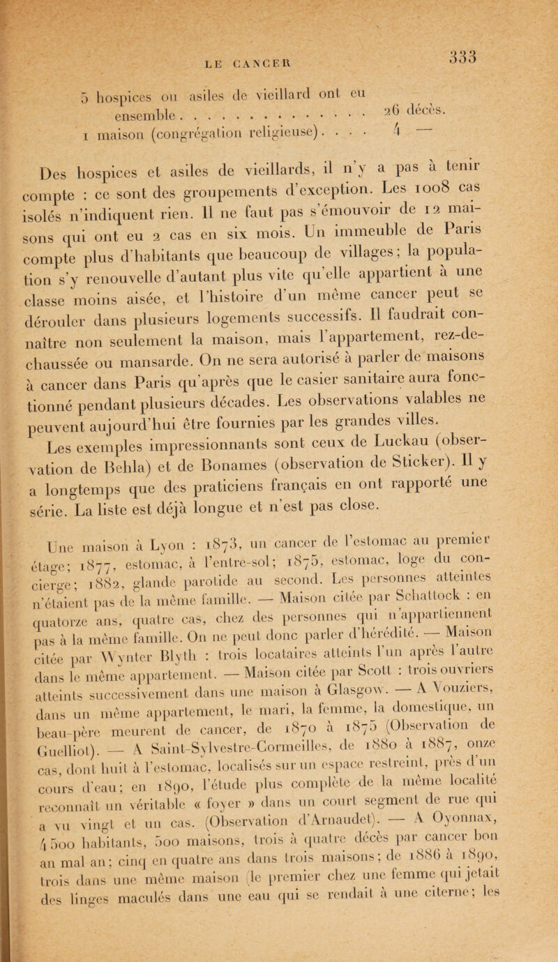 5 hospices ou asiles de vieillard ont eu ensemble. i maison (congrégation religieuse). . • • Des hospices et asiles de vieillards, d n’y a pas à tenir compte : ce sont des groupements d’exception. Les ioob cas isolés n’indiquent rien. 11 ne faut pas s’émouvoir de 12 mai¬ sons qui ont eu 2 cas en six mois. Un immeuble de Paris compte plus d’habitants que beaucoup de villages; la popula¬ tion s’y renouvelle d’autant plus vite qu'elle appartient à une classe moins aisée, et l’histoire d’un même cancer peut se dérouler dans plusieurs logements successifs. Il faudrait con¬ naître non seulement la maison, mais l’appartement, rez-de- chaussée ou mansarde. On ne sera autorisé à parler de maisons à cancer dans Paris qu’après que le casier sanitaire aura fonc¬ tionné pendant plusieurs décades. Les observations valables ne peuvent aujourd’hui être fournies par les grandes villes. Les exemples impressionnants sont ceux de Luckau (obsei- vation de Behla) et de Bonames (observation de Sticker). 11 y a longtemps que des praticiens français en ont rapporté une série. La liste est déjà longue et n’est pas close. Une maison à Lyon : i873, un cancer de l’estomac au premier étage; 1877, estomac, à l’entre-sol; 1876, estomac, loge du con¬ cierge; 1882, glande parotide au second. Les personnes atteintes n’étaient pas de la même famille. — Maison citée par Schattock . en quatorze ans, quatre cas, chez des personnes qui n’appartiennent pas à la même famille. On ne peut donc parler d’hérédité. — Maison citée par Wynter Blyth : trois locataires atteints l’un après 1 autre dans le même appartement. — Maison citée par Scott : trois ouvriers atteints successivement dans une maison à Glasgow. A \ ouziers, dans un même appartement, le mari, la femme, la domestique, un beau-père meurent de cancer, de 1870 à 1870 (Observation de Guelliot). — A Saint-Sylvestre-Cormeilles, de 1880 à 1887, onze cas, dont huit à l’estomac, localisés sur un espace restreint, près d’un cours d’eau; en 1890, l’étude plus complète de la même localité reconnaît un véritable « foyer » dans un court segment de rue qui a vu vingt et un cas. (Observation d’Arnaudet). — A Oyonnax, /l 500 habitants, 5oo maisons, trois à quatre décès par cancer bon an mal an; cinq en quatre ans dans trois maisons; de 1886 à 1890, trois dans une même maison le premier chez une femme qui jetait des linges maculés dans une eau qui se rendait à une citerne; les