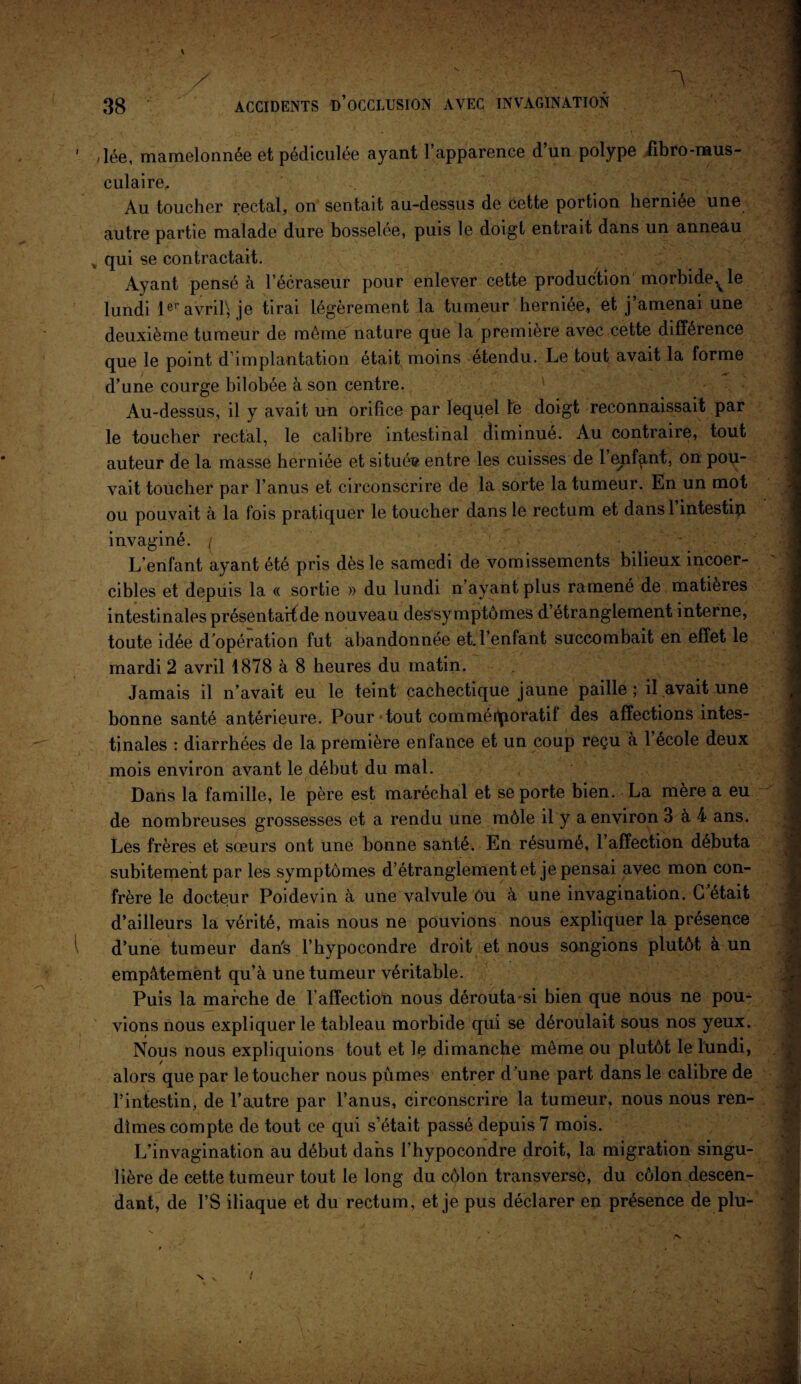 x ; n mm ,lée, mamelonnée et pédiculée ayant l’apparence d’un polype fibro-mus- culaire. Au toucher rectal, on sentait au-dessus de cette portion herniée une autre partie malade dure bosselée, puis le doigt entrait dans un anneau qui se contractait. Ayant pensé à l’écraseur pour enlever cette production morbide ^le lundi 1er avrils je tirai légèrement la tumeur herniée, et j’amenai une deuxième tumeur de même nature que la première avec cette différence que le point d’implantation était moins étendu. Le tout avait la forme d’une courge bilobée à son centre. Au-dessus, il y avait un orifice par lequel le doigt reconnaissait par le toucher rectal, le calibre intestinal diminué. Au contraire, tout auteur de la masse herniée et située entre les cuisses de 1 enfant, on pou¬ vait toucher par l’anus et circonscrire de la sorte la tumeur. En un mot ou pouvait à la fois pratiquer le toucher dans le rectum et dansl intestiu invaginé. / - L’enfant ayant été pris dès le samedi de vomissements bilieux incoer¬ cibles et depuis la « sortie » du lundi n’ayant plus ramené de matières intestinales présentait de nouveau dessymptômes d’étranglement interne, toute idée d'opération fut abandonnée ellenfant succombait en effet le mardi 2 avril 1878 à 8 heures du matin. Jamais il n’avait eu le teint cachectique jaune paille ; il avait une bonne santé antérieure. Pour tout commémoratif des affections intes¬ tinales : diarrhées de la première enfance et un coup reçu à l’école deux mois environ avant le début du mal. Dans la famille, le père est maréchal et se porte bien. La mère a eu de nombreuses grossesses et a rendu une môle il y a environ 3 à 4 ans. Les frères et sœurs ont une bonne santé. En résumé, l’affection débuta subitement par les symptômes d’étranglement et je pensai avec mon con¬ frère le docteur Poidevin à une valvule Ou à une invagination. G était d’ailleurs la vérité, mais nous ne pouvions nous expliquer la présence d’une tumeur daris l’hypocondre droit et nous songions plutôt à un empâtement qu’à une tumeur véritable. Puis la marche de l’affection nous dérouta-si bien que nous ne pou¬ vions nous expliquer le tableau morbide qui se déroulait sous nos yeux. Nous nous expliquions tout et le dimanche même ou plutôt le lundi, alors que par le toucher nous pûmes entrer d'une part dans le calibre de l’intestin, de l’autre par l’anus, circonscrire la tumeur, nous nous ren¬ dîmes compte de tout ce qui s’était passé depuis 7 mois. L’invagination au début dans l’hypocondre droit, la migration singu¬ lière de cette tumeur tout le long du côlon transverse, du côlon descen¬ dant, de l’S iliaque et du rectum, et je pus déclarer en présence de plu- /