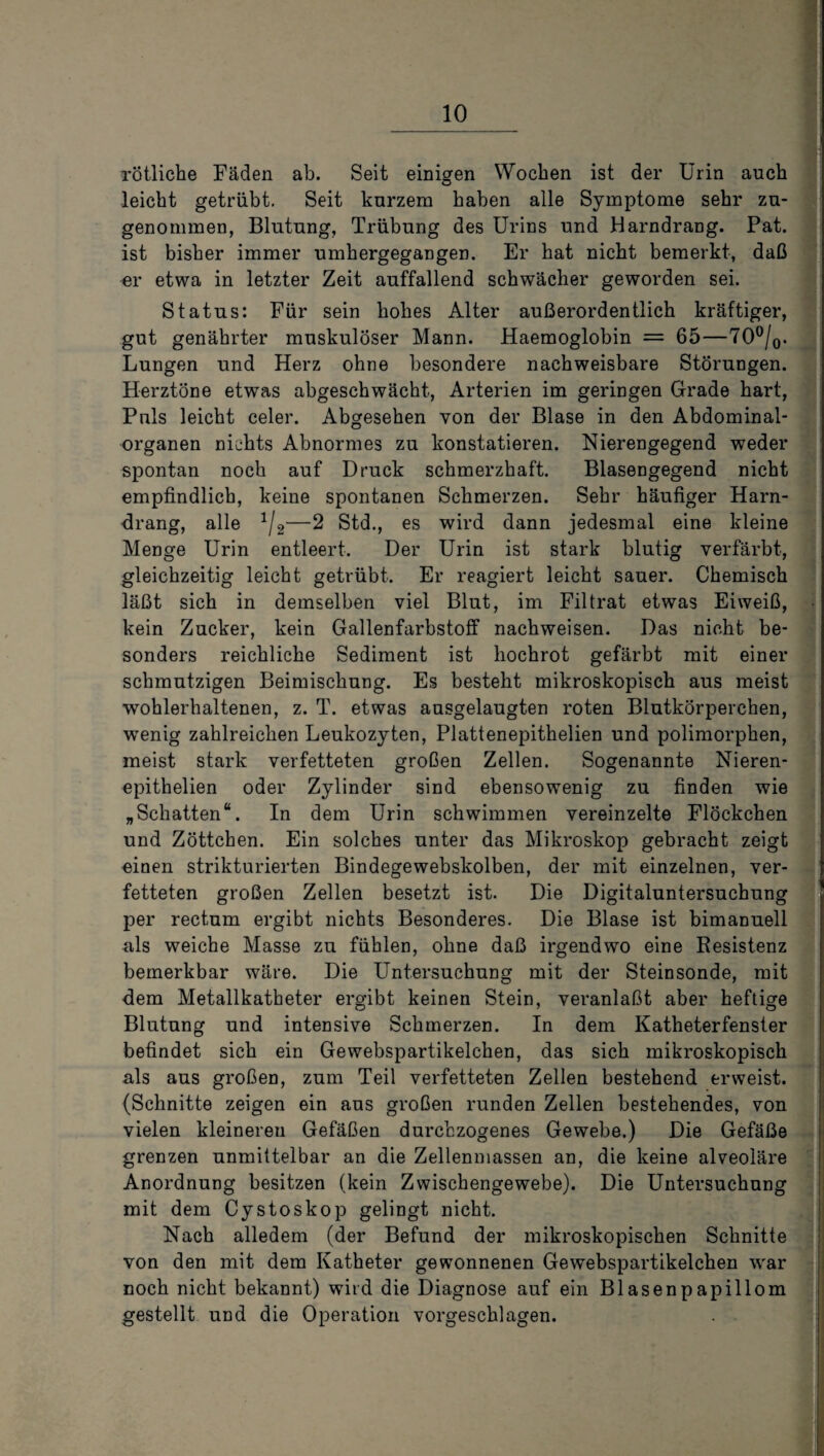 rötliche Fäden ab. Seit einigen Wochen ist der Urin auch leicht getrübt. Seit kurzem haben alle Symptome sehr zu¬ genommen, Blutung, Trübung des Urins und Harndrang. Pat. ist bisher immer umhergegangen. Er hat nicht bemerkt, daß er etwa in letzter Zeit auffallend schwächer geworden sei. Status: Für sein hohes Alter außerordentlich kräftiger, gut genährter muskulöser Mann. Haemoglobin = 65—70°/0. Lungen und Herz ohne besondere nachweisbare Störungen. Herztöne etwas abgeschwächt, Arterien im geringen Grade hart, Pnls leicht celer. Abgesehen von der Blase in den Abdominal¬ organen nichts Abnormes zu konstatieren. Nierengegend weder spontan noch auf Druck schmerzhaft. Blasengegend nicht empfindlich, keine spontanen Schmerzen. Sehr häufiger Harn¬ drang, alle */2—2 Std., es wird dann jedesmal eine kleine Menge Urin entleert. Der Urin ist stark blutig verfärbt, gleichzeitig leicht getrübt. Er reagiert leicht sauer. Chemisch läßt sich in demselben viel Blut, im Filtrat etwas Eiweiß, kein Zucker, kein Gallenfarbstoff nachweisen. Das nicht be¬ sonders reichliche Sediment ist hochrot gefärbt mit einer schmutzigen Beimischung. Es besteht mikroskopisch aus meist wohlerhaltenen, z. T. etwas ausgelaugten roten Blutkörperchen, wenig zahlreichen Leukozyten, Plattenepithelien und polimorphen, meist stark verfetteten großen Zellen. Sogenannte Nieren- epithelien oder Zylinder sind ebensowenig zu finden wie „Schatten“. In dem Urin schwimmen vereinzelte Flöckchen und Zöttchen. Ein solches unter das Mikroskop gebracht zeigt einen strikturierten Bindegewebskolben, der mit einzelnen, ver¬ fetteten großen Zellen besetzt ist. Die Digitaluntersuchung per rectum ergibt nichts Besonderes. Die Blase ist bimanuell als weiche Masse zu fühlen, ohne daß irgendwo eine Resistenz bemerkbar wäre. Die Untersuchung mit der Steinsonde, mit dem Metallkatheter ergibt keinen Stein, veranlaßt aber heftige Blutung und intensive Schmerzen. In dem Katheterfenster befindet sich ein Gewebspartikelchen, das sich mikroskopisch als aus großen, zum Teil verfetteten Zellen bestehend erweist. (Schnitte zeigen ein aus großen runden Zellen bestehendes, von vielen kleineren Gefäßen durchzogenes Gewebe.) Die Gefäße grenzen unmittelbar an die Zellenmassen an, die keine alveoläre Anordnung besitzen (kein Zwischengewebe). Die Untersuchung mit dem Cystoskop gelingt nicht. Nach alledem (der Befund der mikroskopischen Schnitte von den mit dem Katheter gewonnenen Gewebspartikelchen war noch nicht bekannt) wird die Diagnose auf ein Blasenpapillom gestellt und die Operation vorgeschlagen.