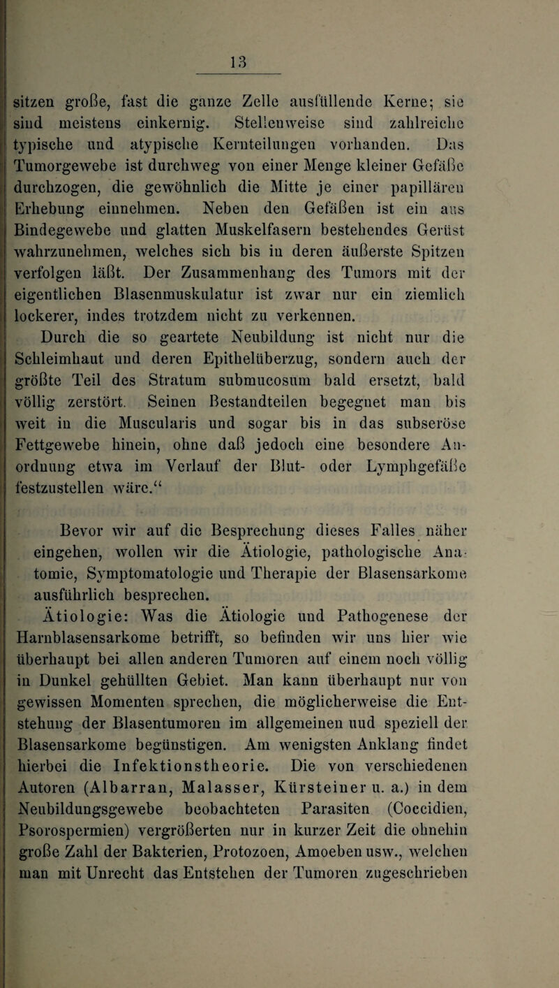 sitzen große, fast die ganze Zelle ausfüllende Kerne; sie sind meistens einkernig. Stellenweise sind zahlreiche typische und atypische Kernteilungen vorhanden. Das Tumorgewebe ist durchweg von einer Menge kleiner Gefäße durchzogen, die gewöhnlich die Mitte je einer papillären Erhebung einnehmen. Neben den Gefäßen ist ein aus Bindegewebe und glatten Muskelfasern bestehendes Gerüst wahrzunehmen, welches sich bis in deren äußerste Spitzen verfolgen läßt. Der Zusammenhang des Tumors mit der eigentlichen Blasenmuskulatur ist zwar nur ein ziemlich lockerer, indes trotzdem nicht zu verkcnuen. Durch die so geartete Neubildung ist nicht nur die Schleimhaut und deren Epithelüberzug, sondern auch der größte Teil des Stratum submucosum bald ersetzt, bald völlig zerstört. Seinen Bestandteilen begegnet man bis weit in die Muscularis und sogar bis in das subseröse Fettgewebe hinein, ohne daß jedoch eine besondere An¬ ordnung etwa im Verlauf der Blut- oder Lymphgefäße festzustellen wäre.“ Bevor wir auf die Besprechung dieses Falles näher eingehen, wollen wir die Ätiologie, pathologische Ana¬ tomie, Symptomatologie und Therapie der Blasensarkome ausführlich besprechen. Ätiologie: Was die Ätiologie und Pathogenese der Harnblasensarkome betrifft, so befinden wir uns hier wie überhaupt bei allen anderen Tumoren auf einem noch völlig in Dunkel gehüllten Gebiet. Man kann überhaupt nur von gewissen Momenten sprechen, die möglicherweise die Ent¬ stehung der Blasentumoren im allgemeinen uud speziell der Blasensarkome begünstigen. Am wenigsten Anklang findet hierbei die Infektionstheorie. Die von verschiedenen Autoren (Albarran, Malasser, Kiirsteiuer u. a.) indem Neubildungsgewebe beobachteten Parasiten (Coecidien, Psorospermien) vergrößerten nur in kurzer Zeit die ohnehin große Zahl der Bakterien, Protozoen, Amoebenusw., welchen man mit Unrecht das Entstehen der Tumoren zugeschrieben