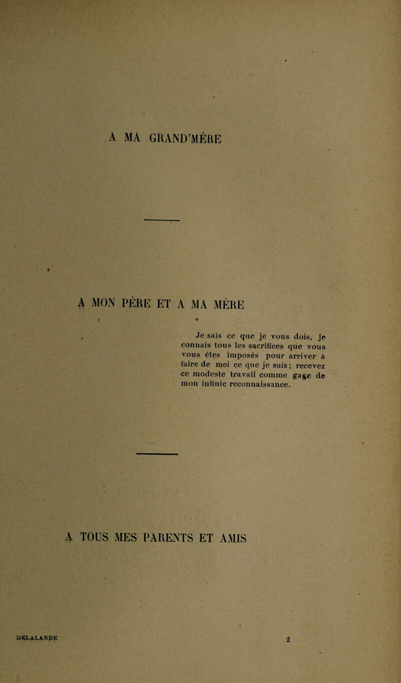 A MA GRAND’MÈRE A MON PÈRE ET A MA MÈRE I • . Je sais ce que je vous dois, je connais tous les sacrifices que vous vous êtes imposés pour arriver à faire de moi ce que je suis; recevez ce modeste travail comme gage de mon infinie reconnaissance. A TOUS MES PARENTS ET AMIS DELALANDE