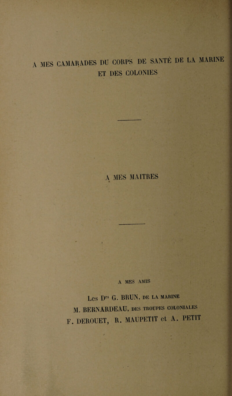 A MES CAMARADES DU CORPS DE SANTÉ DE LA MARINE ET DES COLONIES A MES MAITRES A MES AMIS Les Drs G. BRUN, de la marine M. BERNARDEAU, des troupes coloniales F. DEROUET, R. MAUPETIT et A. PETIT