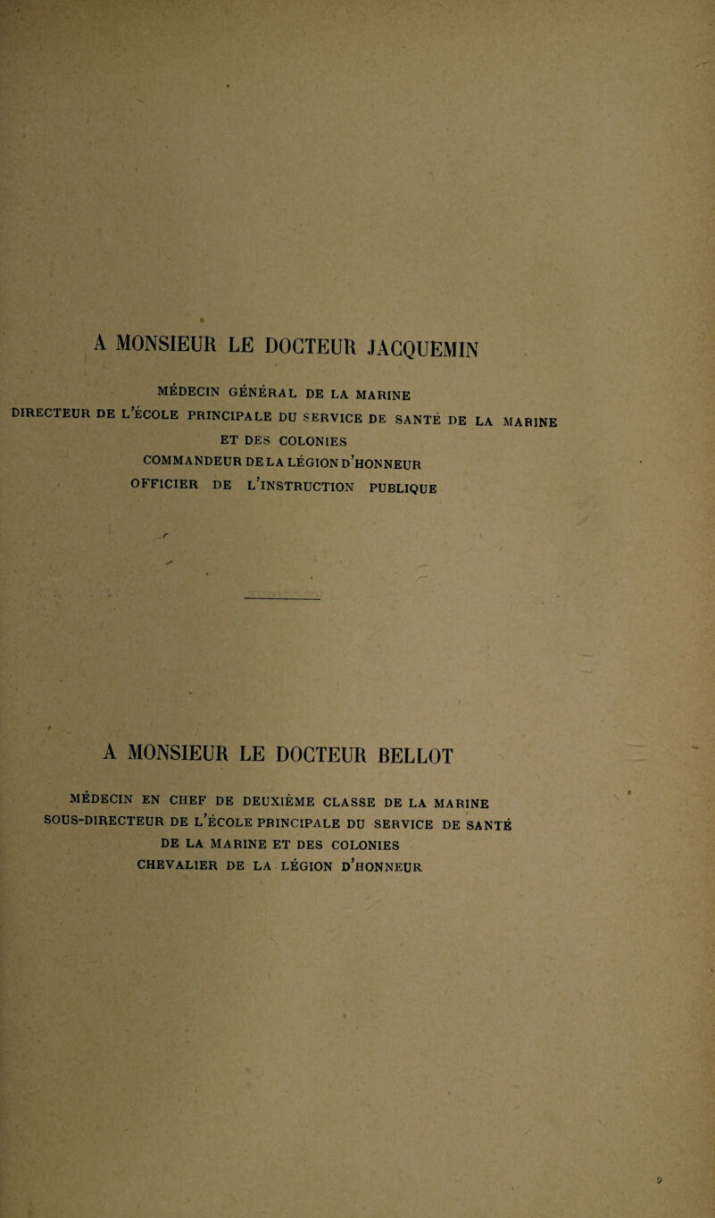 A MONSIEUR LE DOCTEUR JACQUEMIN MÉDECIN GÉNÉRAL DE LA MARINE DIRECTEUR DE L’ECOLE PRINCIPALE DU SERVICE DE SANTÉ DE LA MARINE ET DES COLONIES COMMANDEUR DE LA LÉGION D’HONNEUR OFFICIER DE L’iNSTRUCTION PUBLIQUE ■f A MONSIEUR LE DOCTEUR RELLOT MÉDECIN EN CHEF DE DEUXIÈME CLASSE DE LA MARINE SOUS-DIRECTEUR DE L’ÉCOLE PRINCIPALE DU SERVICE DE SANTÉ DE LA MARINE ET DES COLONIES CHEVALIER DE LA LÉGION d’hONNEUR